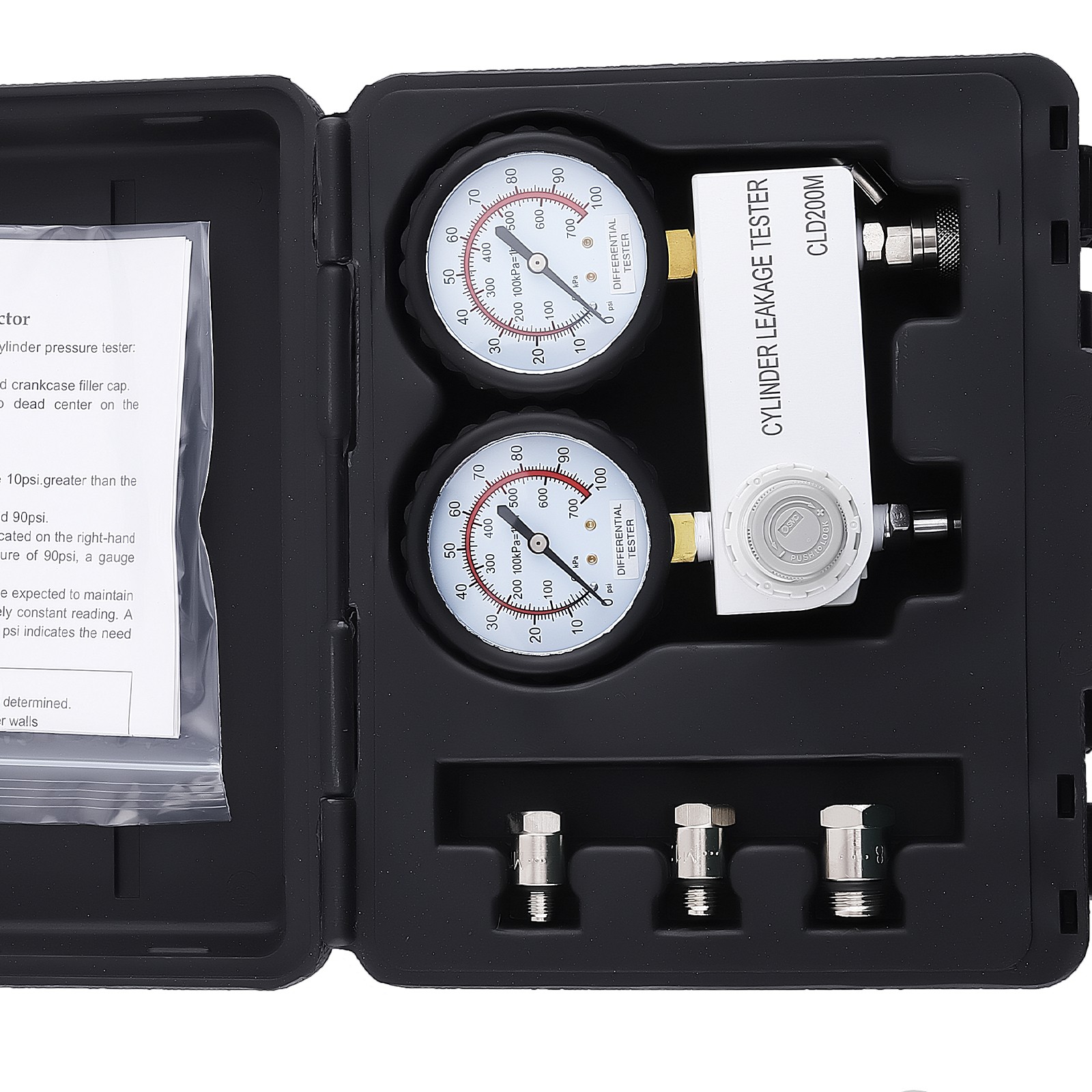 Black Dual Gauges + Thread Adapters Cylinder Leakage Tester Kit