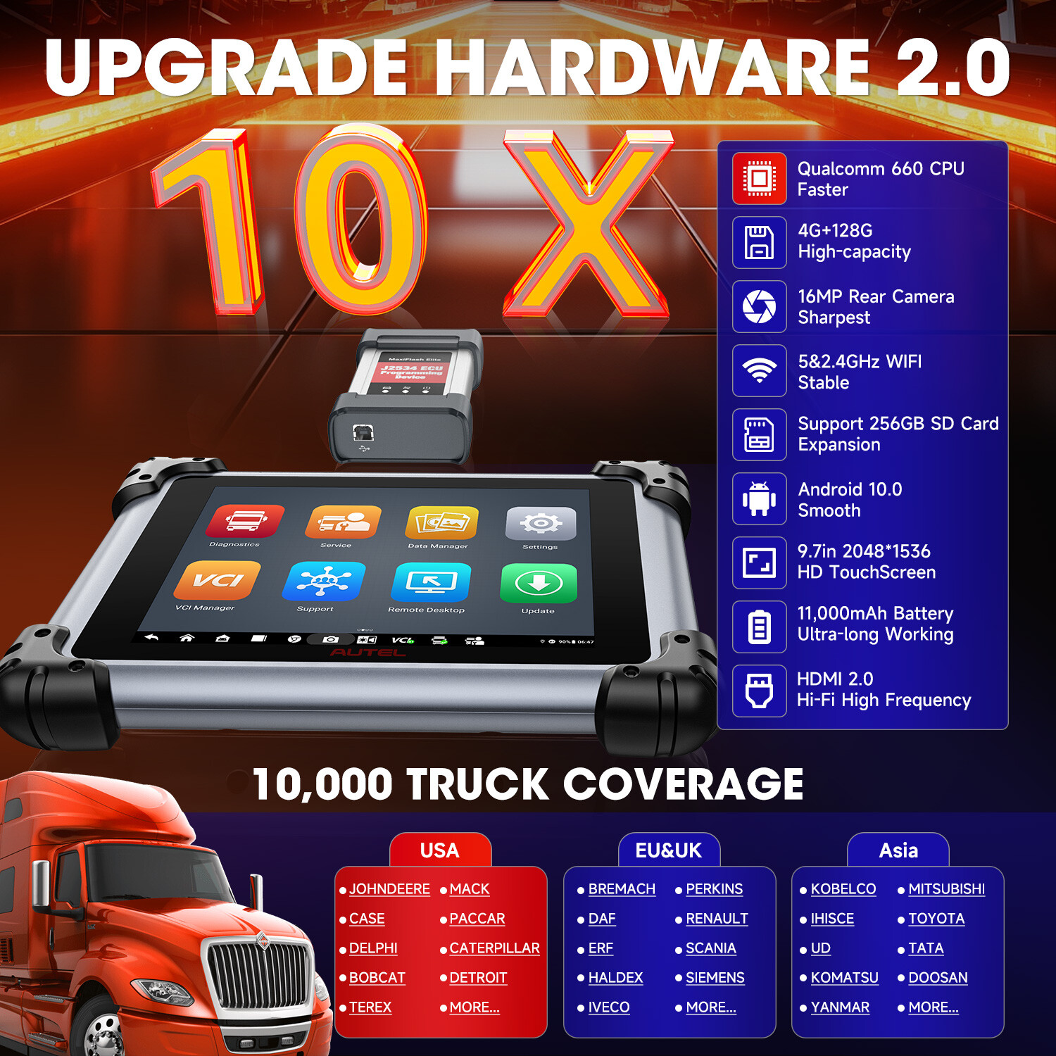 MS908CV II Autel Heavy Duty Truck Scanner with J2534 ECU Coding & Active Test
