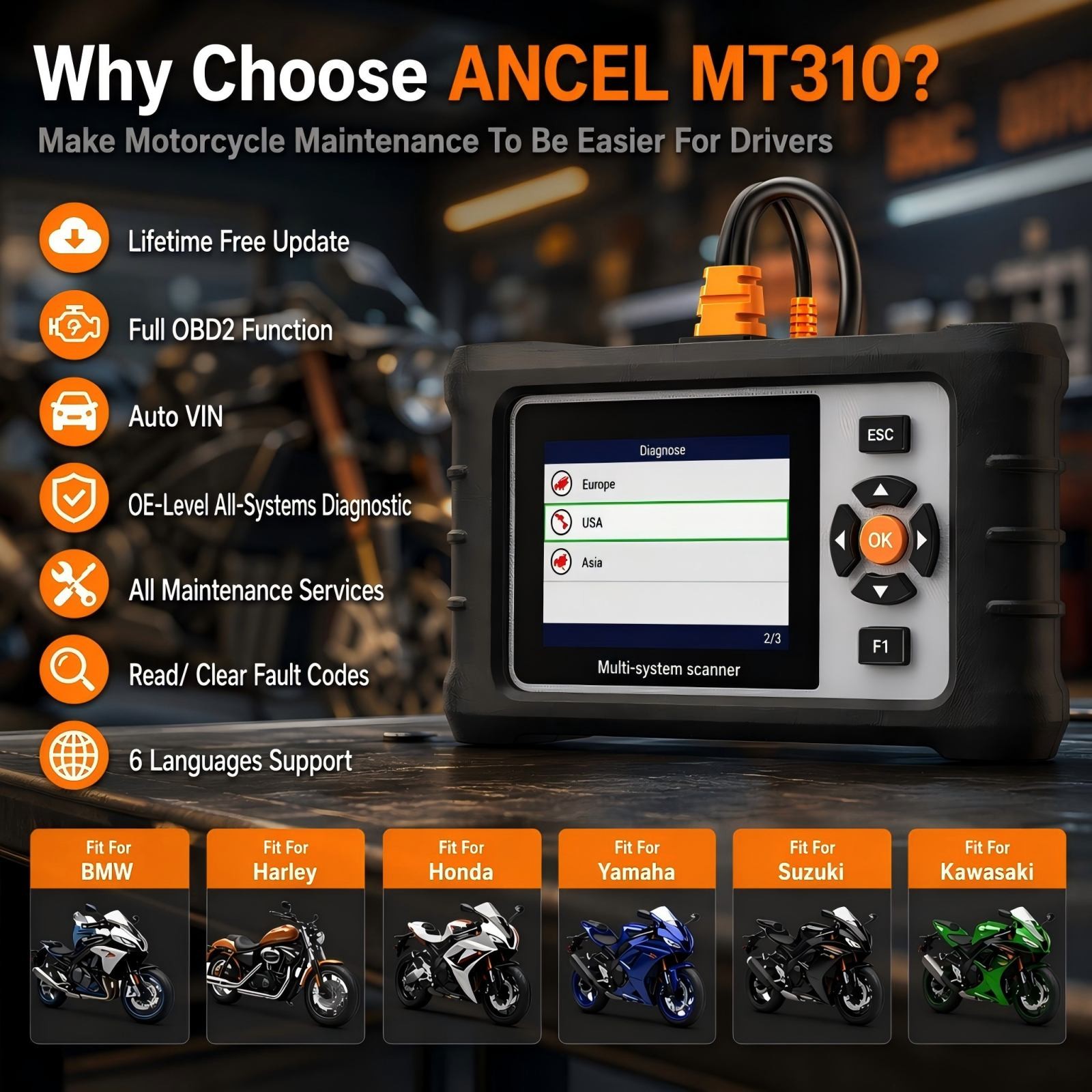 ANCEL MT310 Motorcycle Scanner for BMW Harley Honda Yamaha Full System Diagnosis