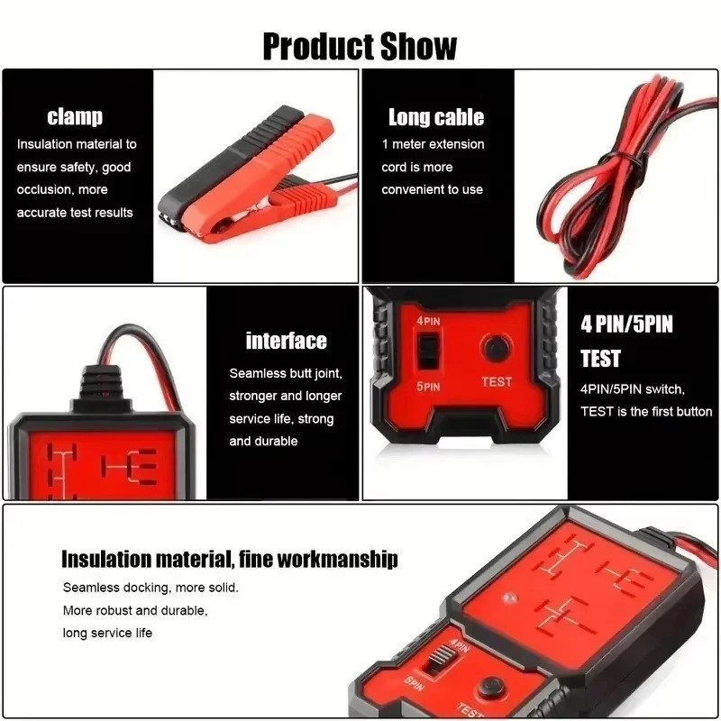 Auto Car Automotive Relay Tester for 12V 4pin And 5 Pin with Battery Clips