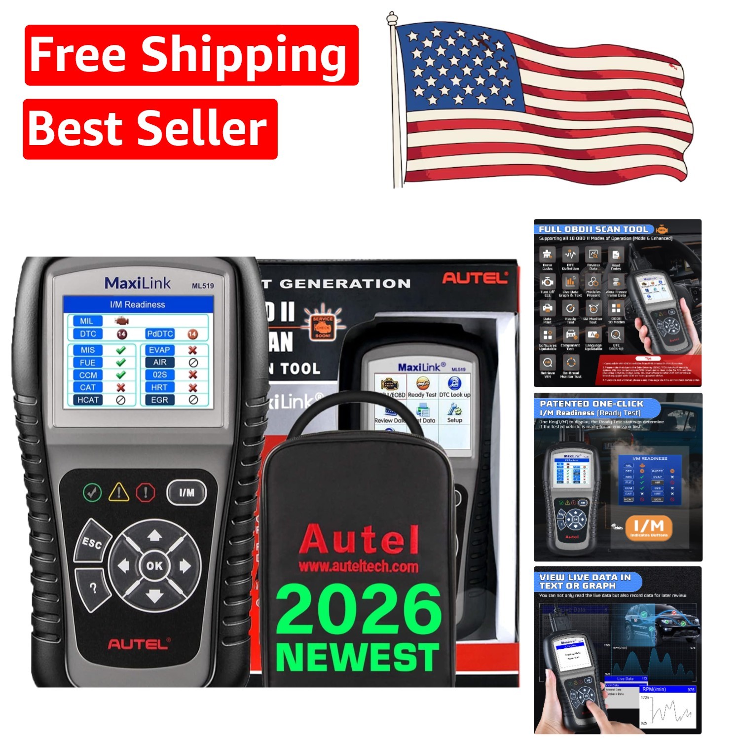 Reliable MaxiLink ML519 Auto Scan Tool – 1- & Support Included