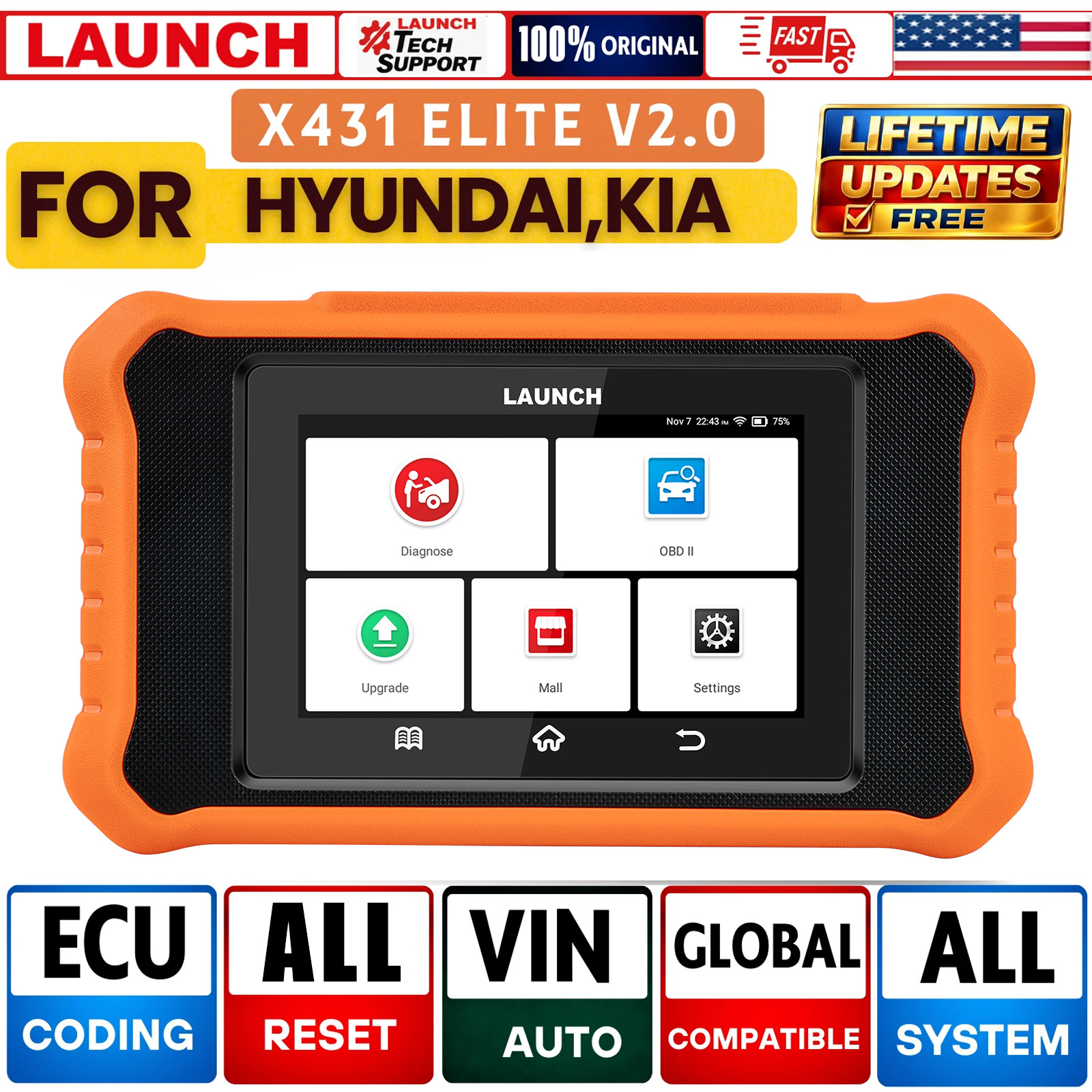Launch X431 Elite V2.0 Car Obd2 Diagnostic Scanner Hyundai Kia Full System Reset