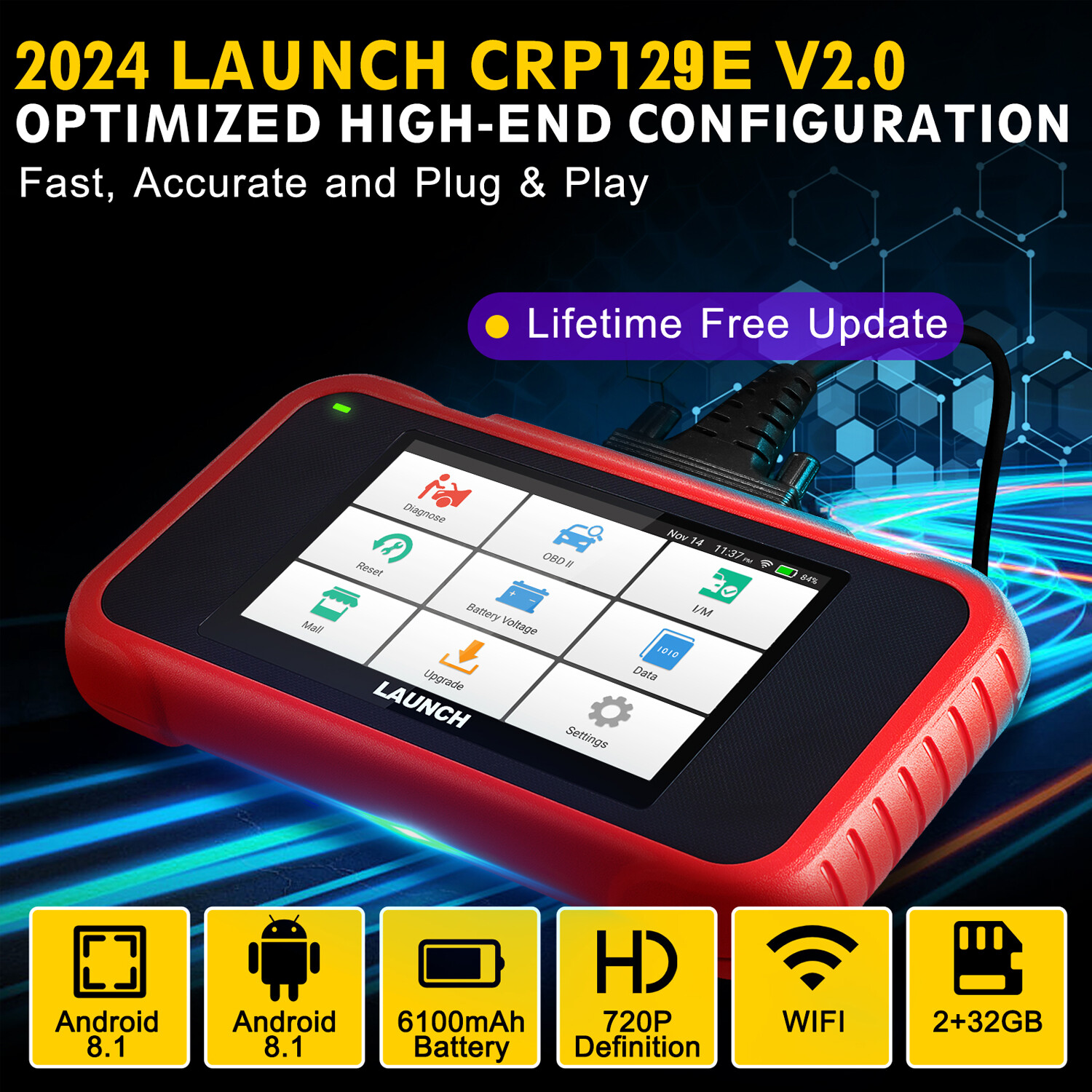 LAUNCH CRP129E V2.0 OBD2 Scanner Engine ABS SRS Code Reader Car Diagnostic Tool