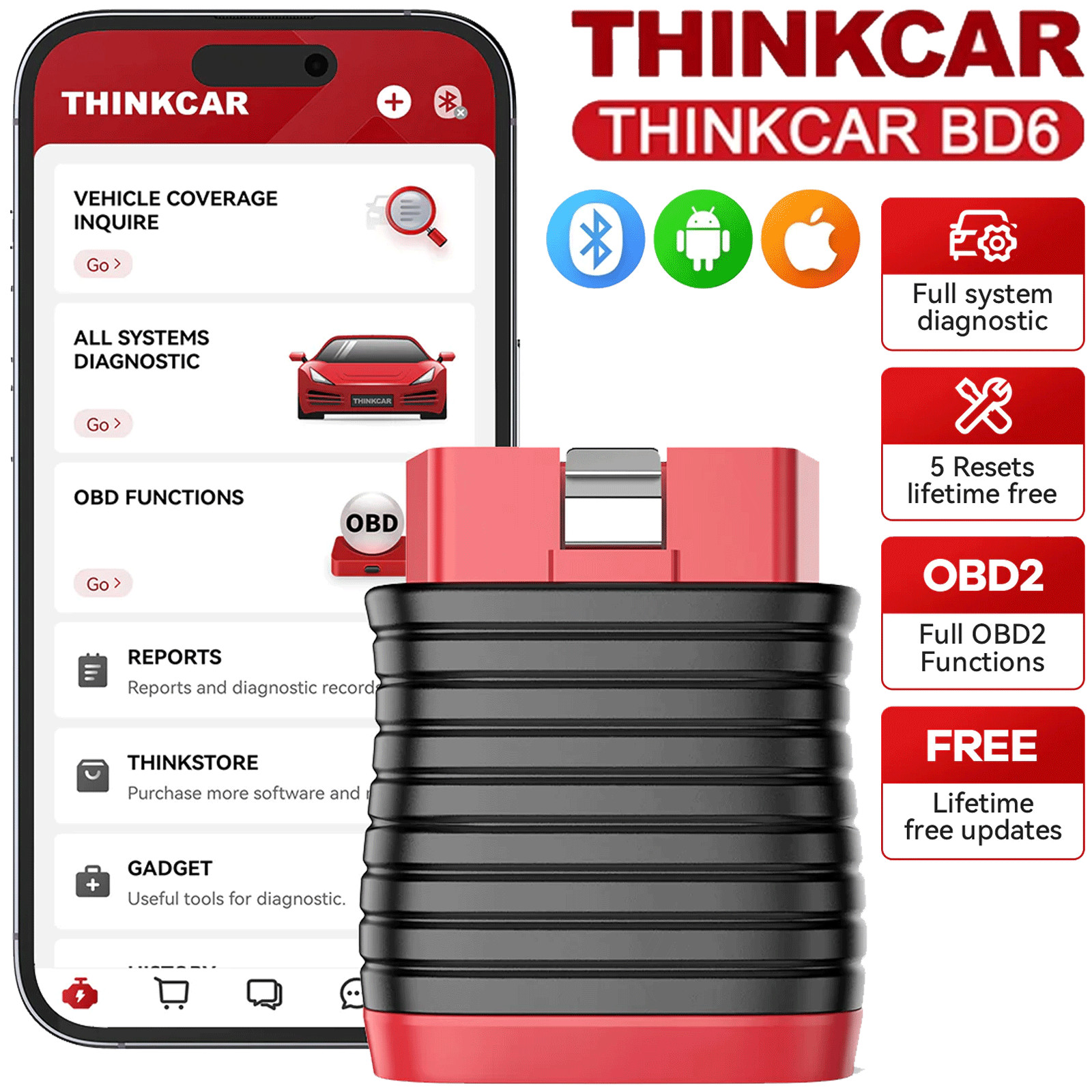 THINKDIAG BD6 OBD2 Scanner Wireless All System Diagnostic Tool 5+ Hot Reset FREE