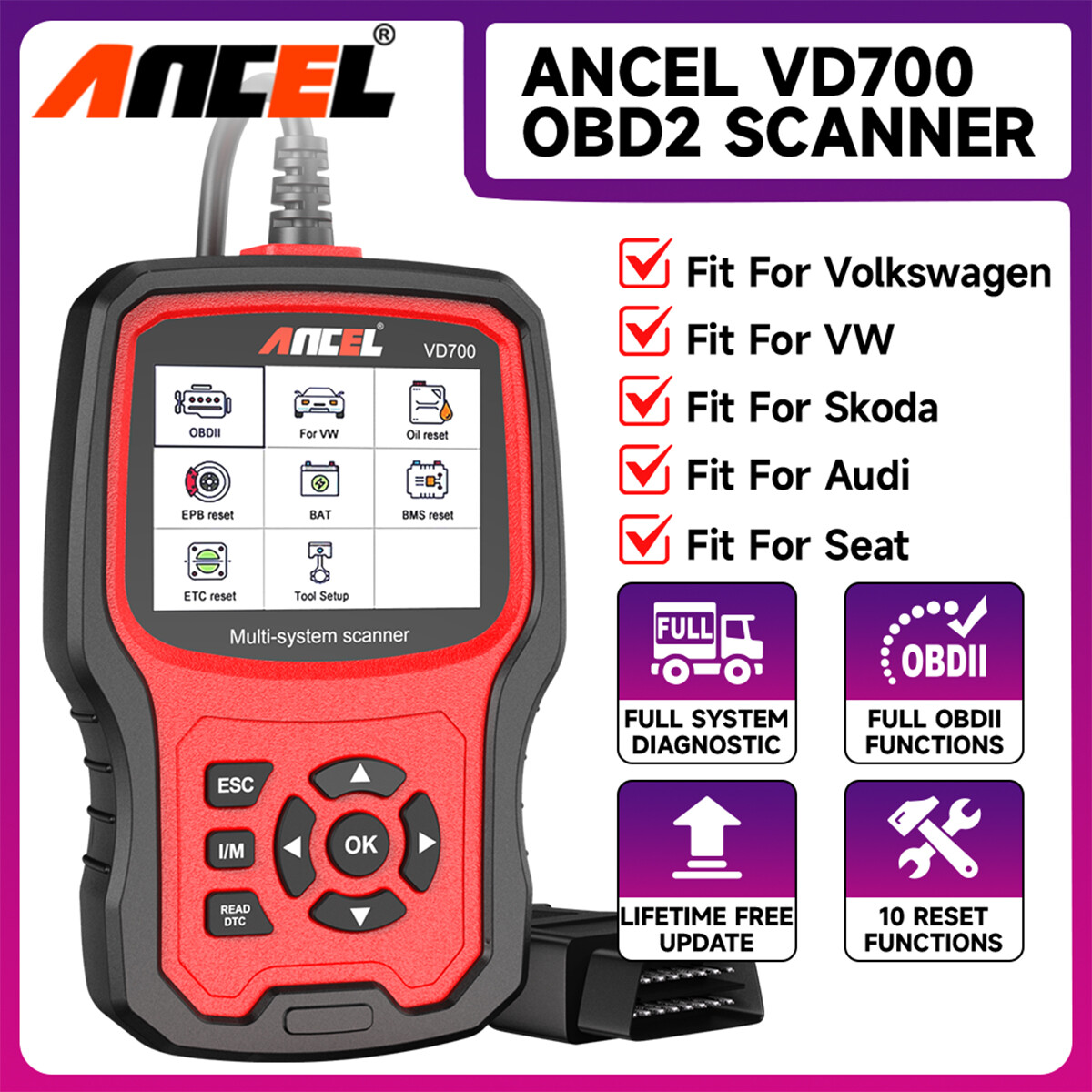 ANCEL VD700-US For VAG OBD2 Scanner Full System Diagnostic tool Code Reader ABS