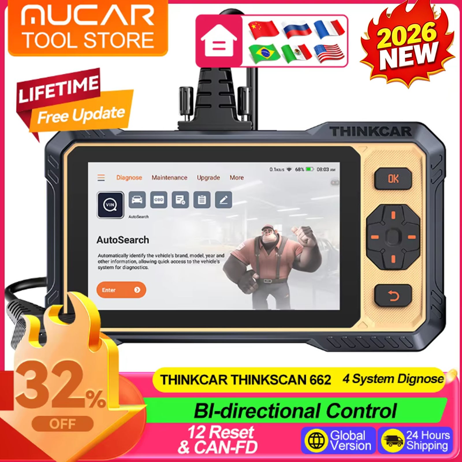 THINKSCAN 662 Auto OBD2 Scanner CANFD Bidirectional Test ECM TCM SRS ABS Reset