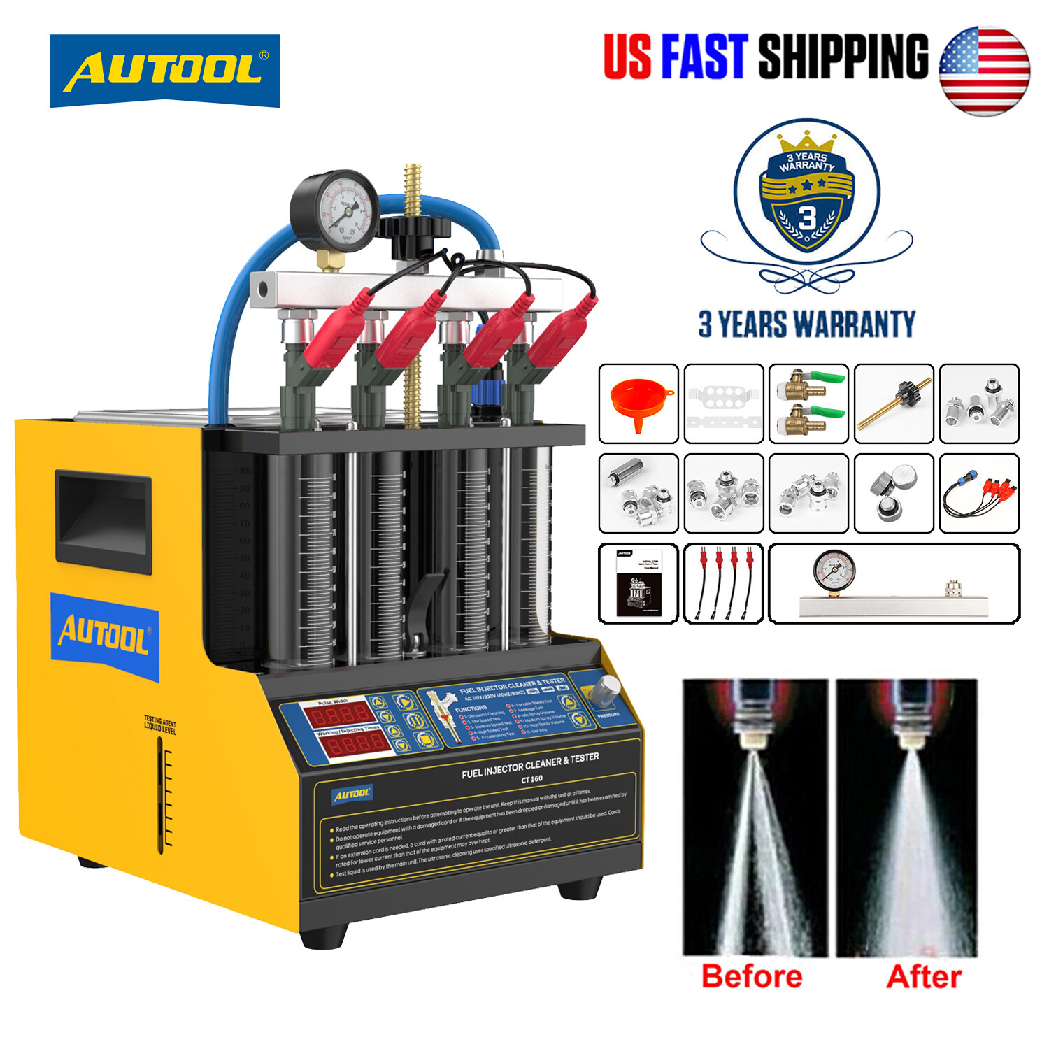 AUTOOL CT160 Fuel Injector Cleaner Tester Car Petrol Nozzle Heated Cleaning US