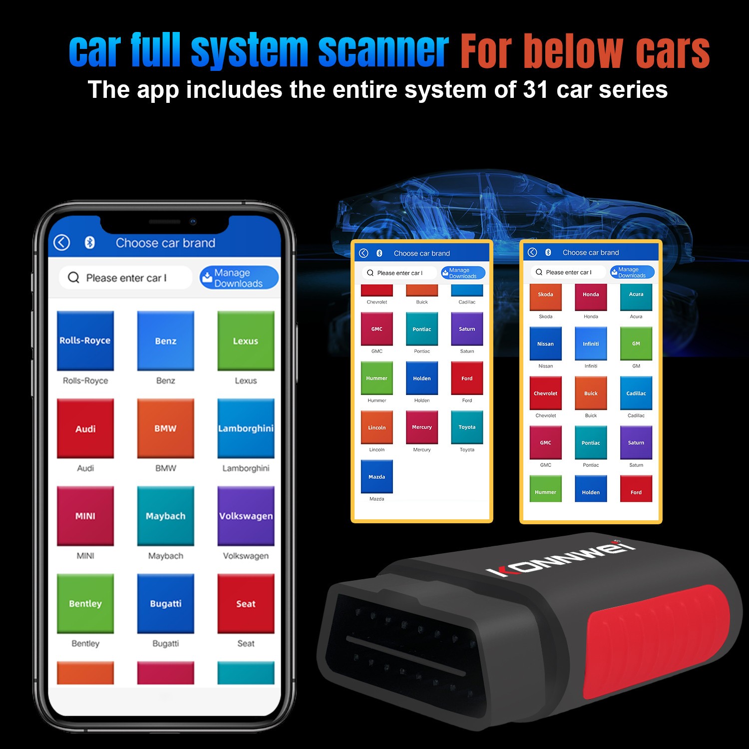 KONNWEI KDIAG Car OBD2 Reader ABS SRS Code Scanner Diagnostic Tool for 12V Car