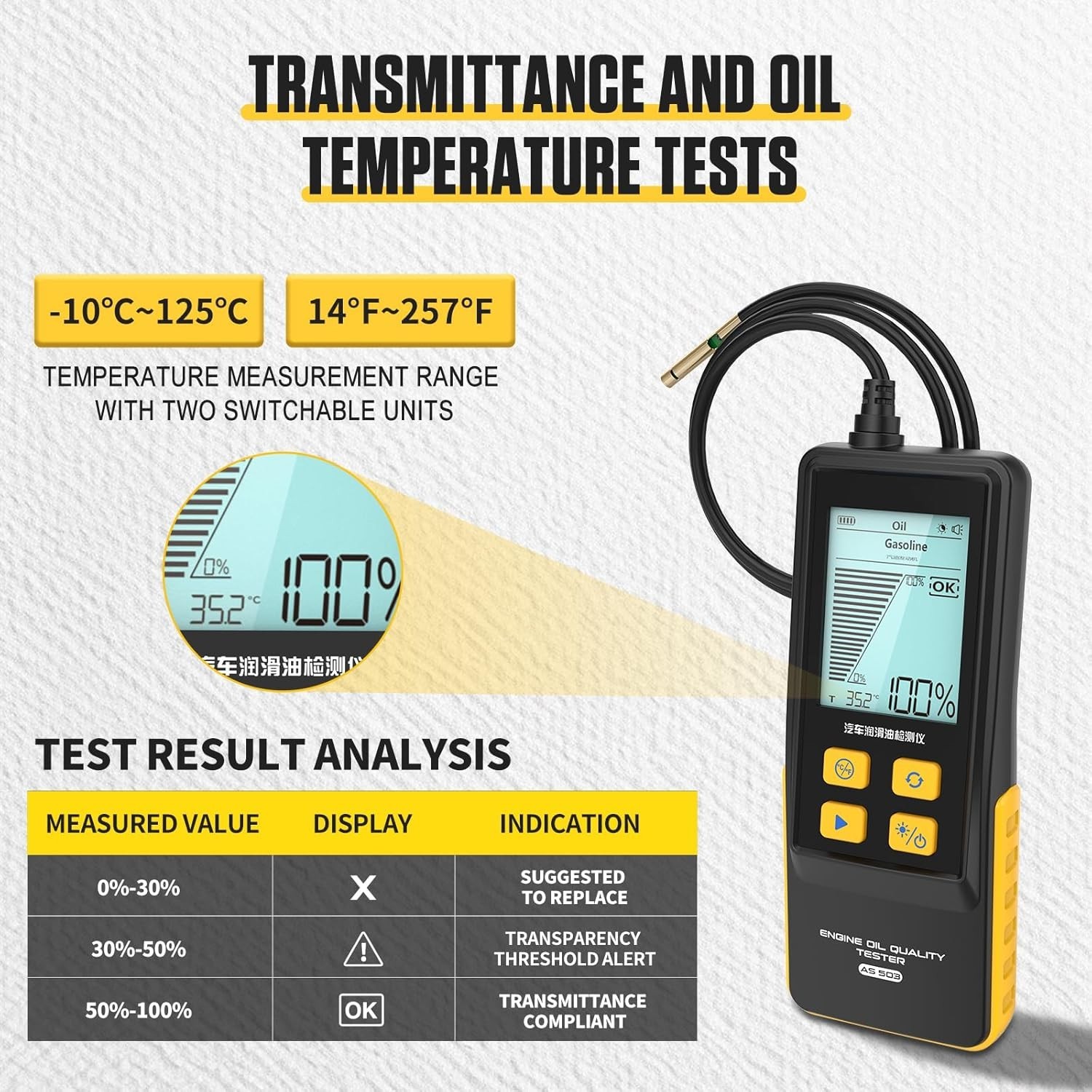 Universal Engine Oil Tester Diagnostic Tool Gasoline Diesel 31.5in Probe 2.8in