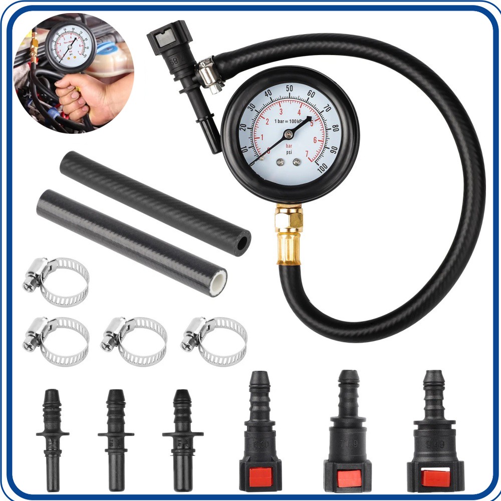 100PSI Fuel Injection Pressure Tester Gauge with 3 Quick Connectors Set for Car