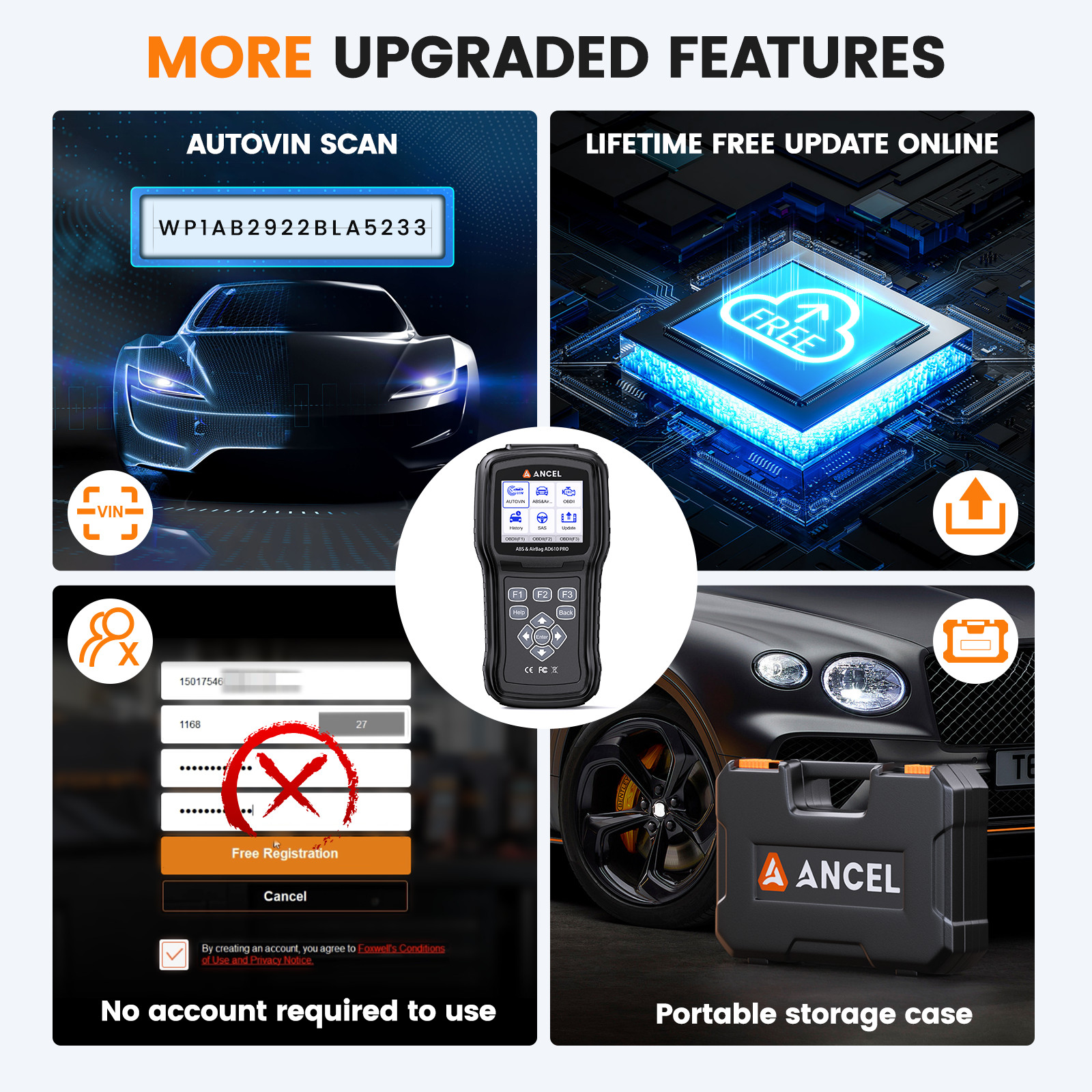 ANCEL AD610 PRO OBD2 Scanner ABS Bleeding SRS SAS Code Reader Diagnostic Tool
