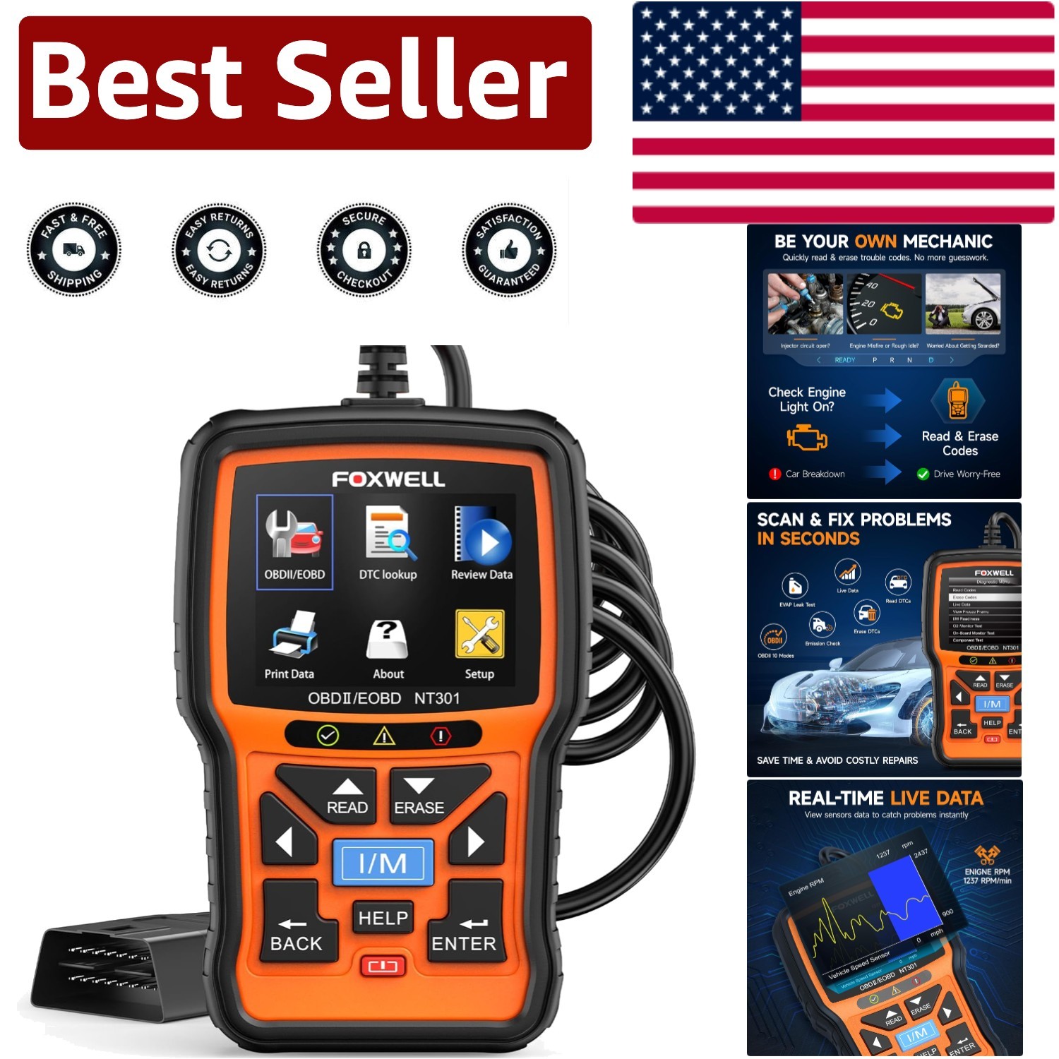 Foxwell NT301 OBDII Diagnostic Code Reader – Live Data for Check Engine Light