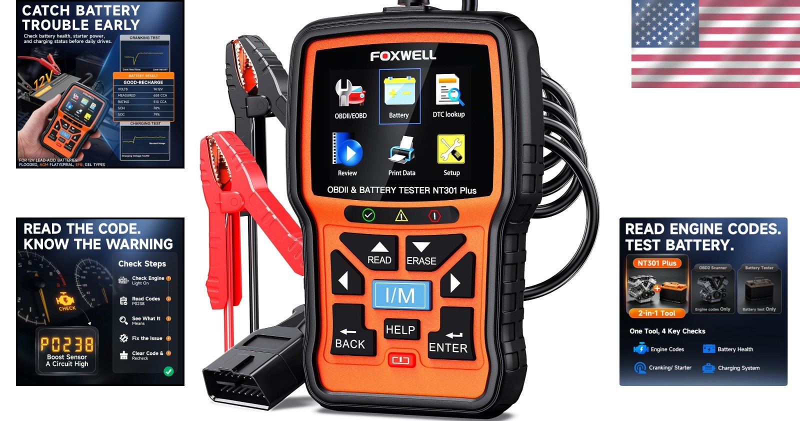 Portable NT301 Plus 2-in-1 Car Scanner & Battery Tester – Live Data & DTC Lookup