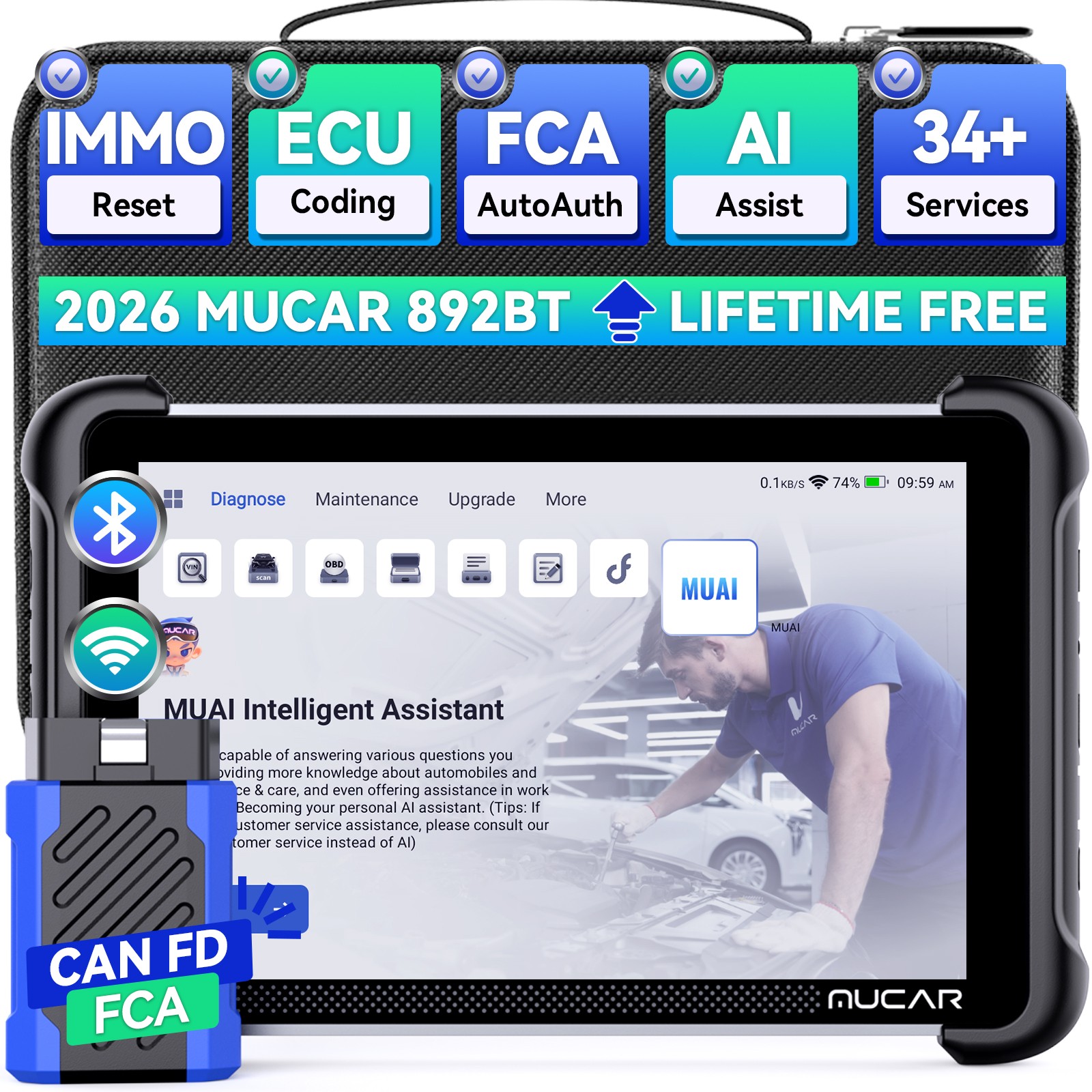 MUCAR 892BT MUAI Diagnostic Scanner Car Full System Scan Tool 35+Reset LIFE FREE