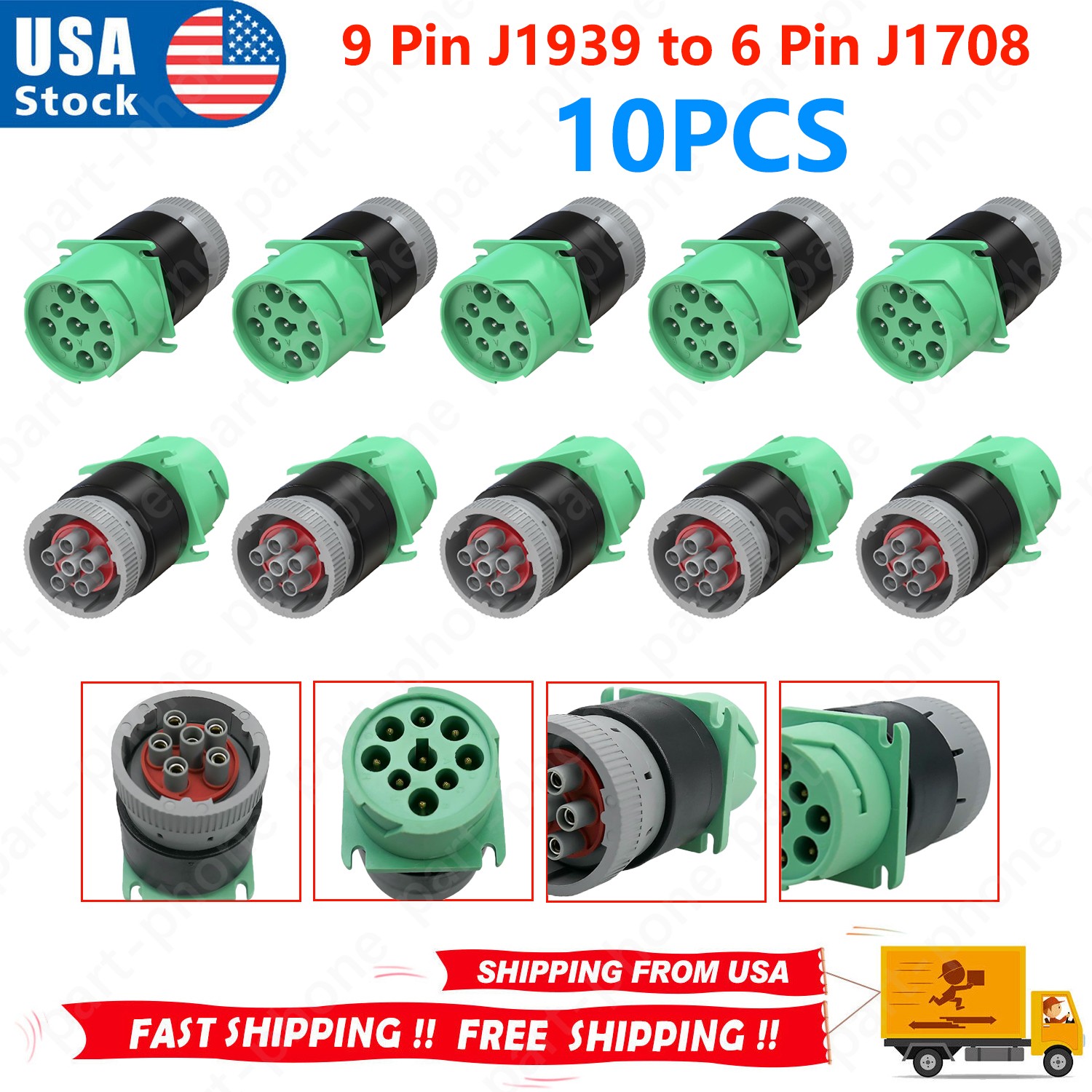 10PCS 9 Pin J1939 Female to 6 Pin J1708 Male OBD2 Adapter Work for GPS Tracker