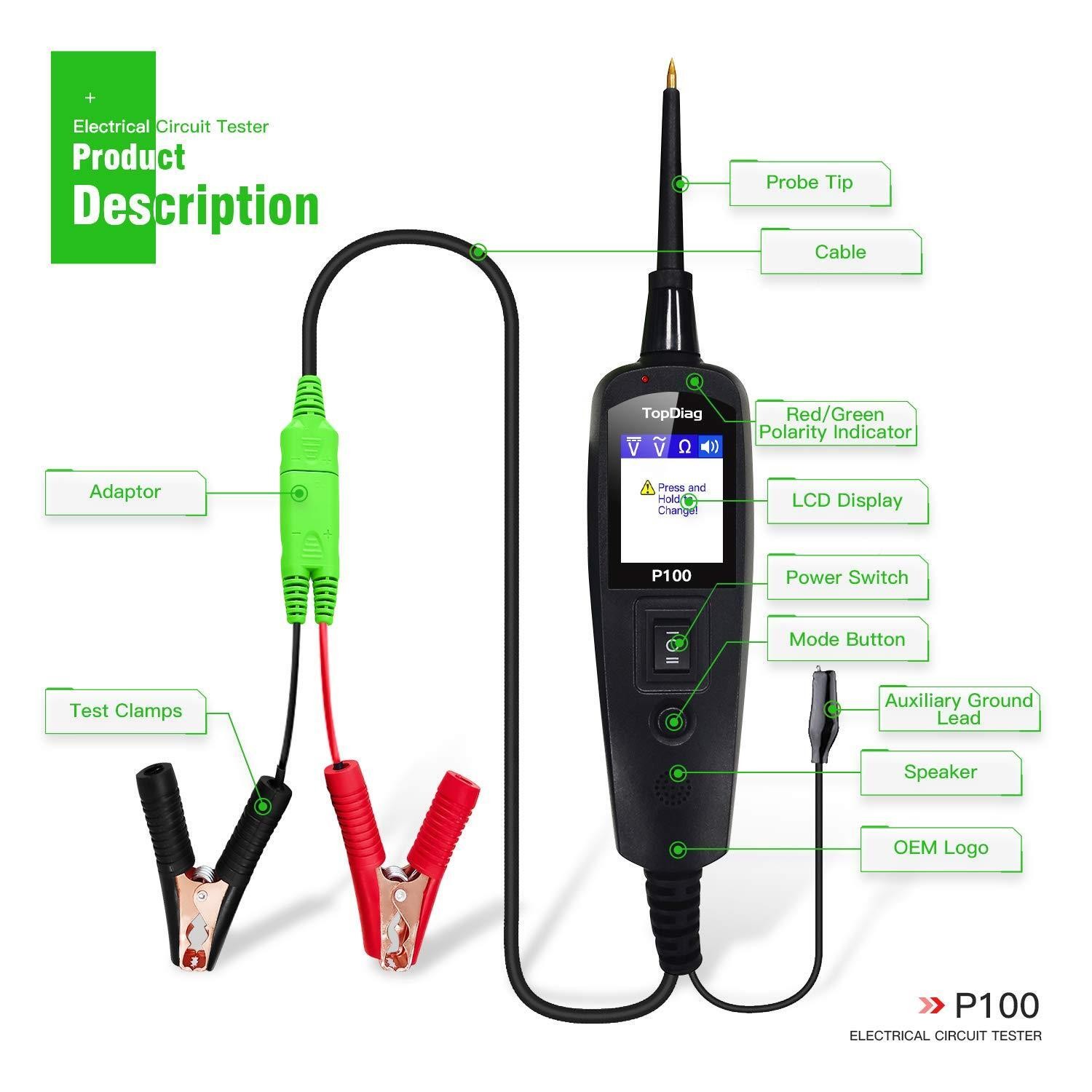 Topdiag P100 12-24V Car Electrical Circuit Tester Power Probe AVO Meter 2M Cable
