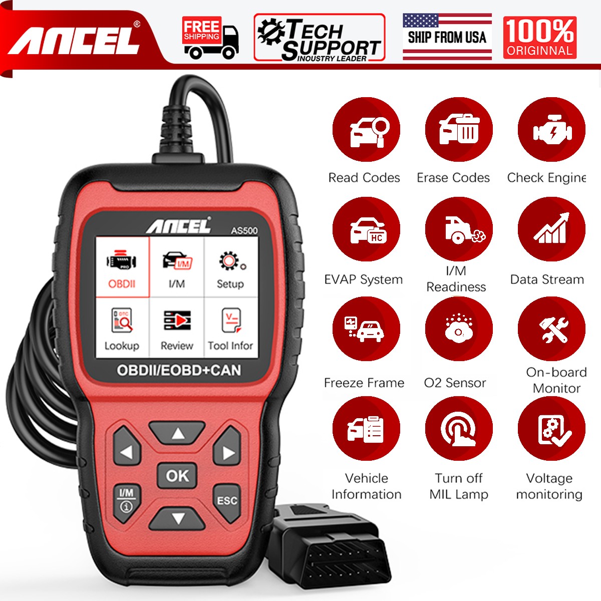ANCEL AS500 Auto OBD2 Scanner Car Diagnostic Tool Code Reader Check Engine