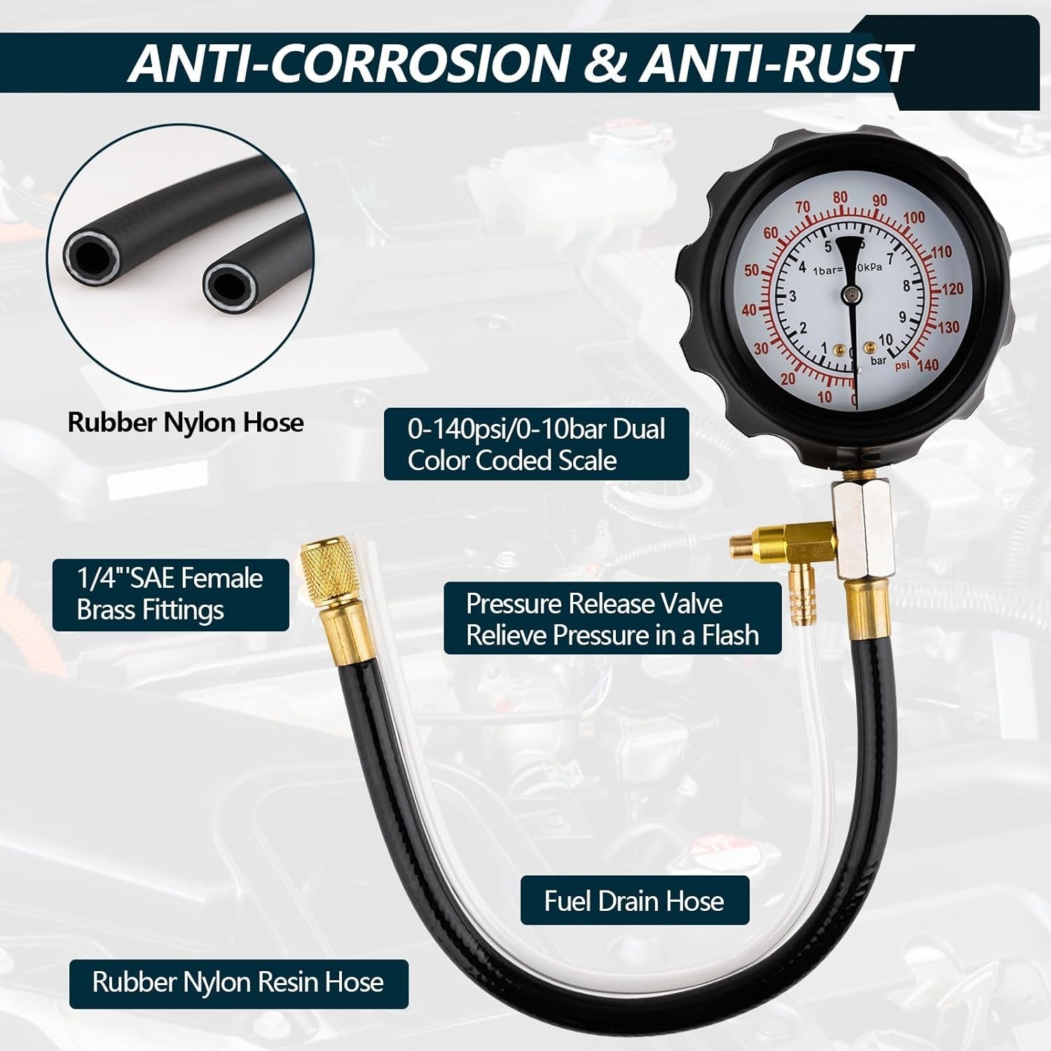 0-140PSI Fuel Injector Injection Pump Pressure Tester Gauge Kit Gasoline Engine