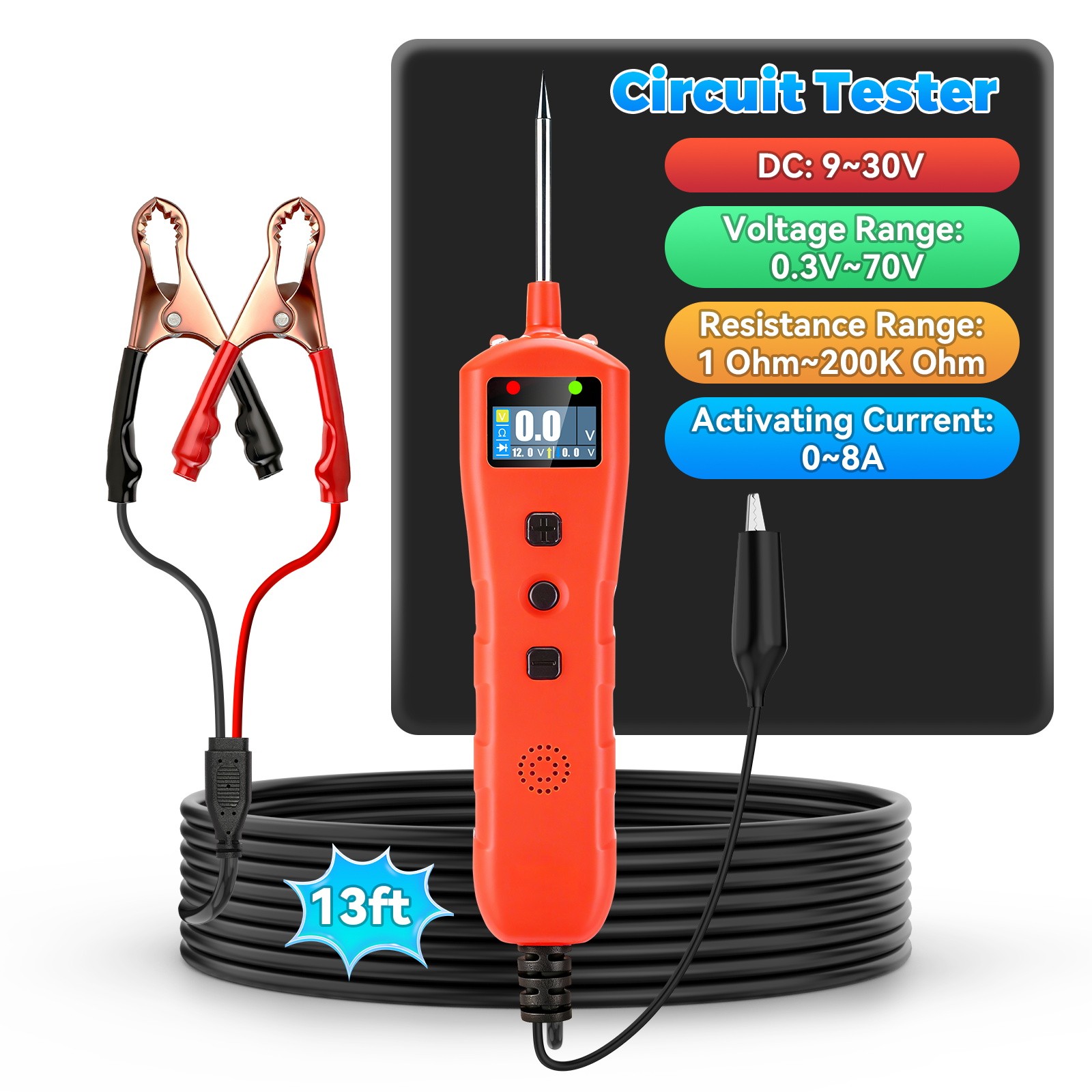 Power Circuit Probe Tester 9V-30V Digital Voltage, Resistance, Continuity Test