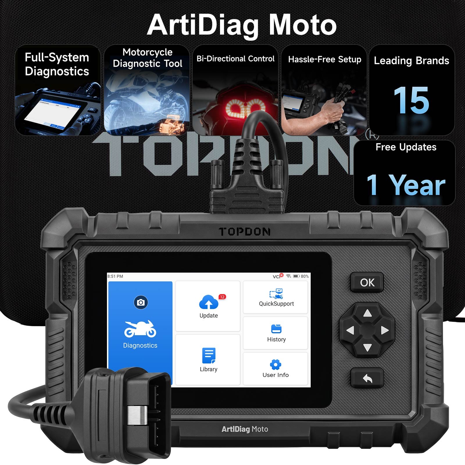 TOPDON ArtiDiag Moto 5-Inch Motorcycle Diagnostic Tool AutoVIN OBD2 Scanner