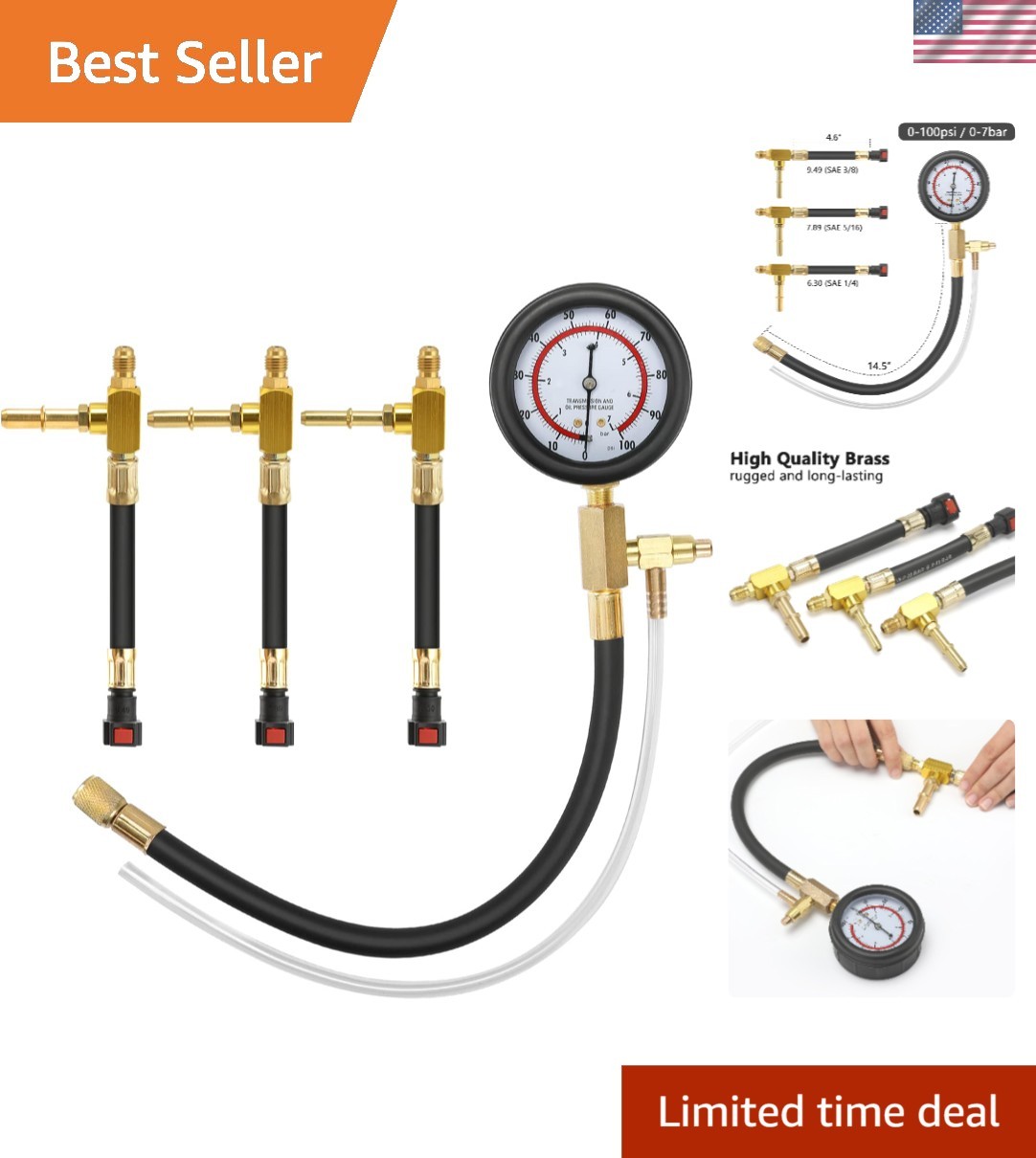 Universal Fuel Pressure Tester Kit 0-100PSI with Three Adapters – Durable Design