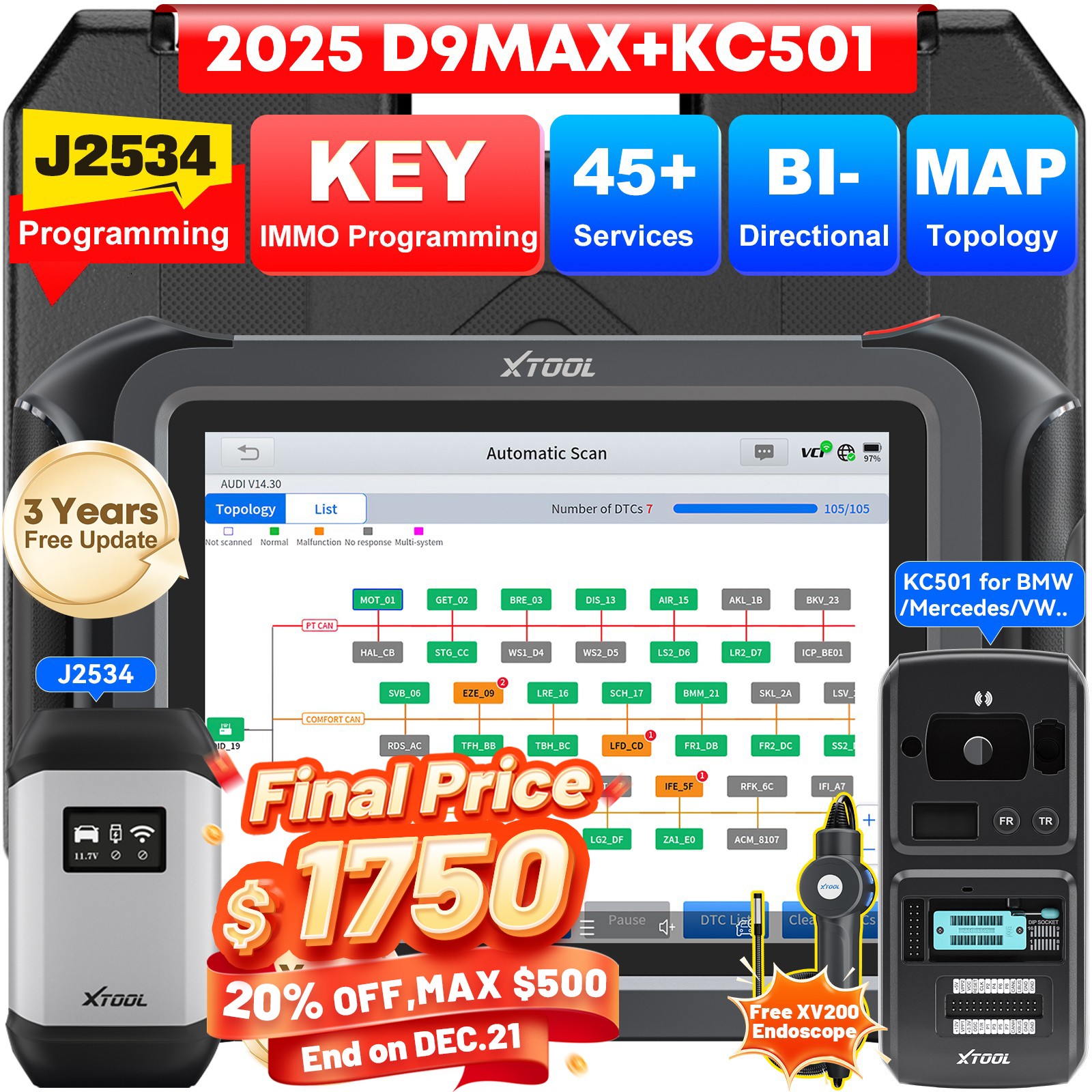 2025 XTOOL D9MAX KC501 Key Programmer SET J2534 Programming Auto Diagnostic Tool