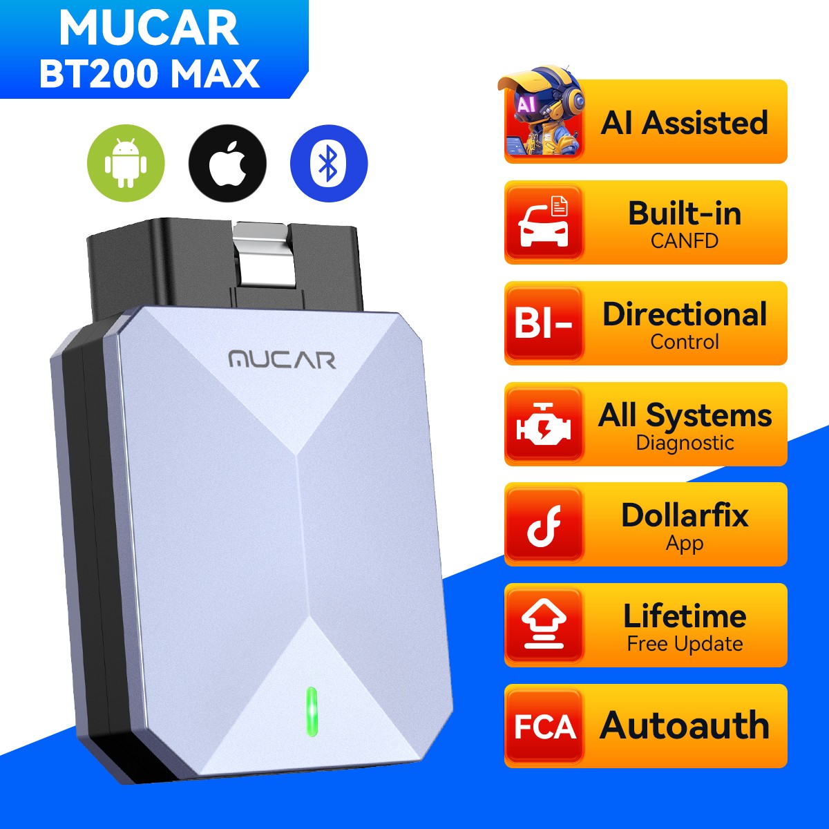 2026 MUCAR BT200 Max AI-Assisted OBD2 Scanner Bluetooth Lifetime Free Update