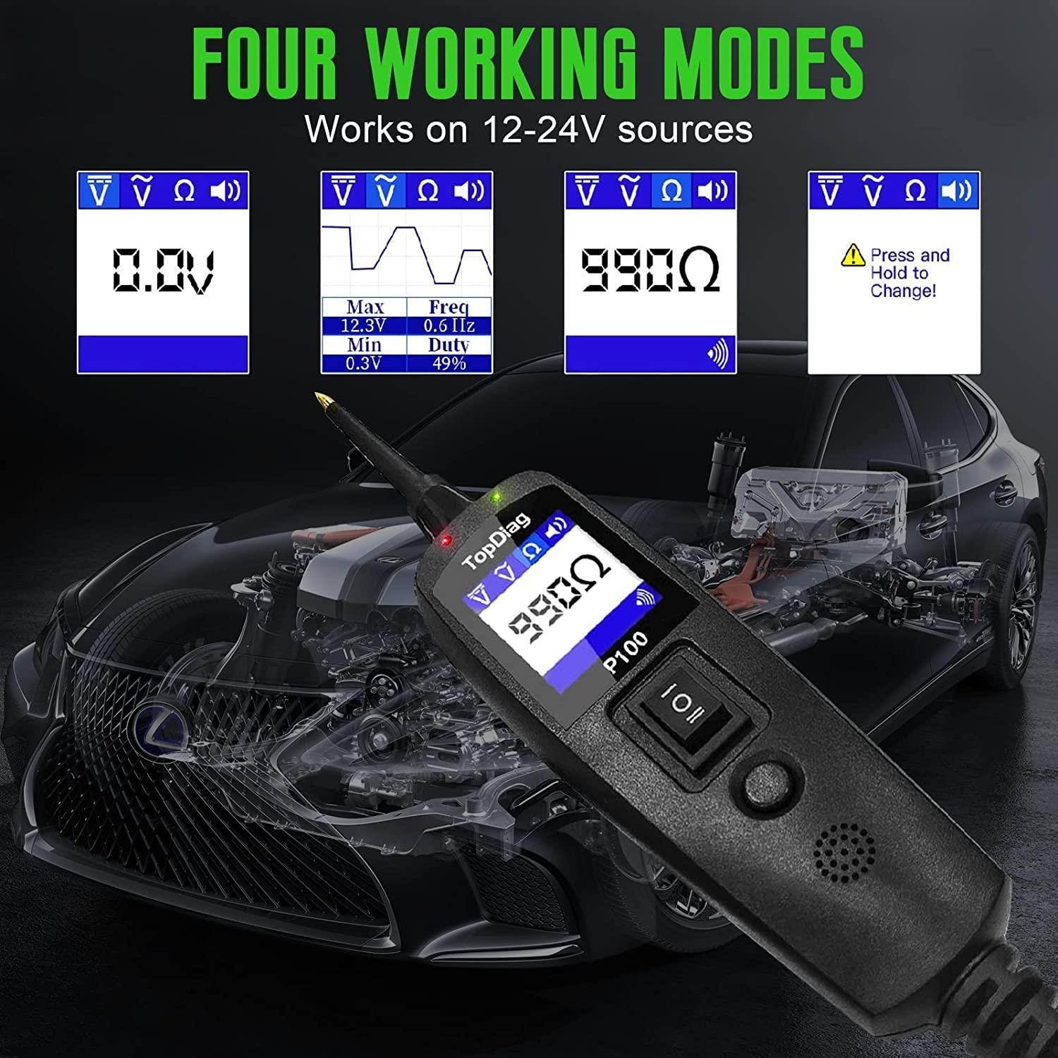 Topdiag P100 12-24V Car Electrical Circuit Tester Power Probe AVO Meter 2M Cable
