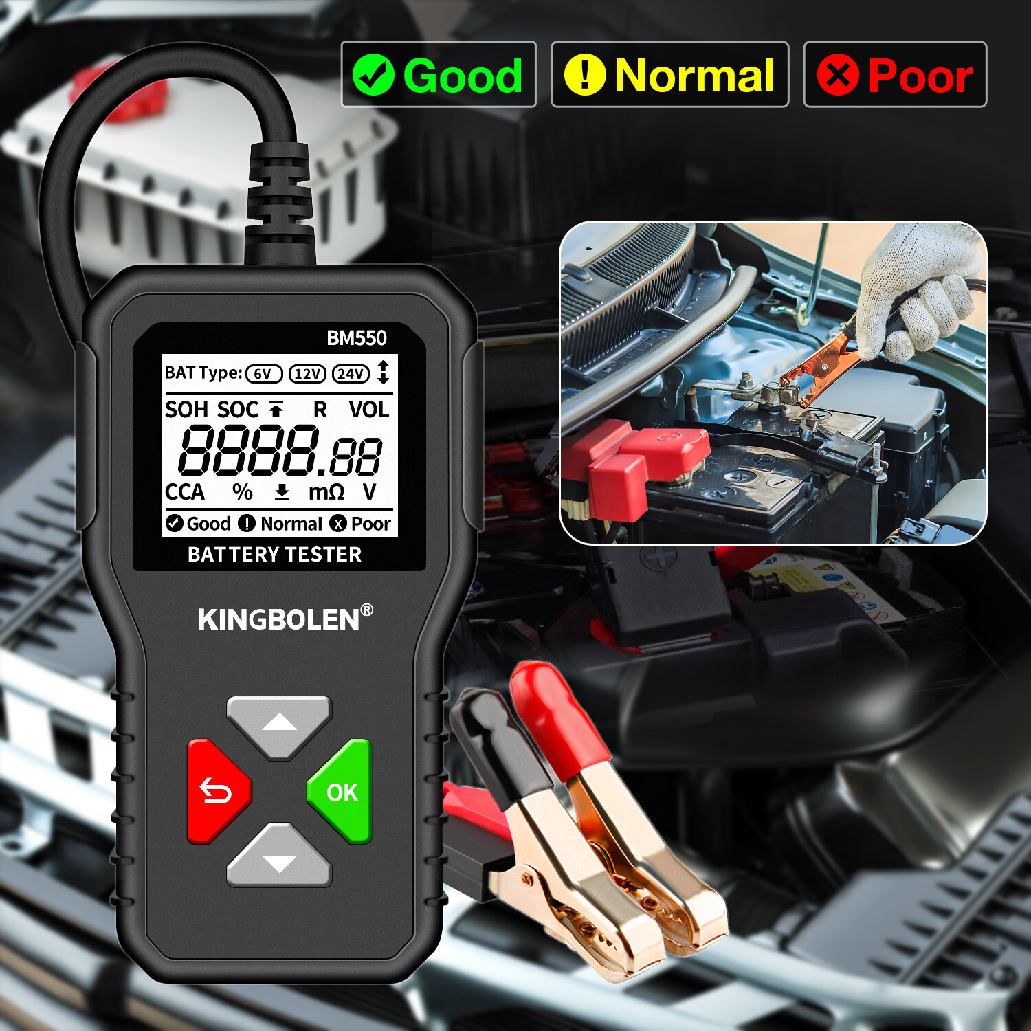 BM550 Car Battery Tester Analyzer CCA100~2000 Cranking Charging Test 6V/12V/24V