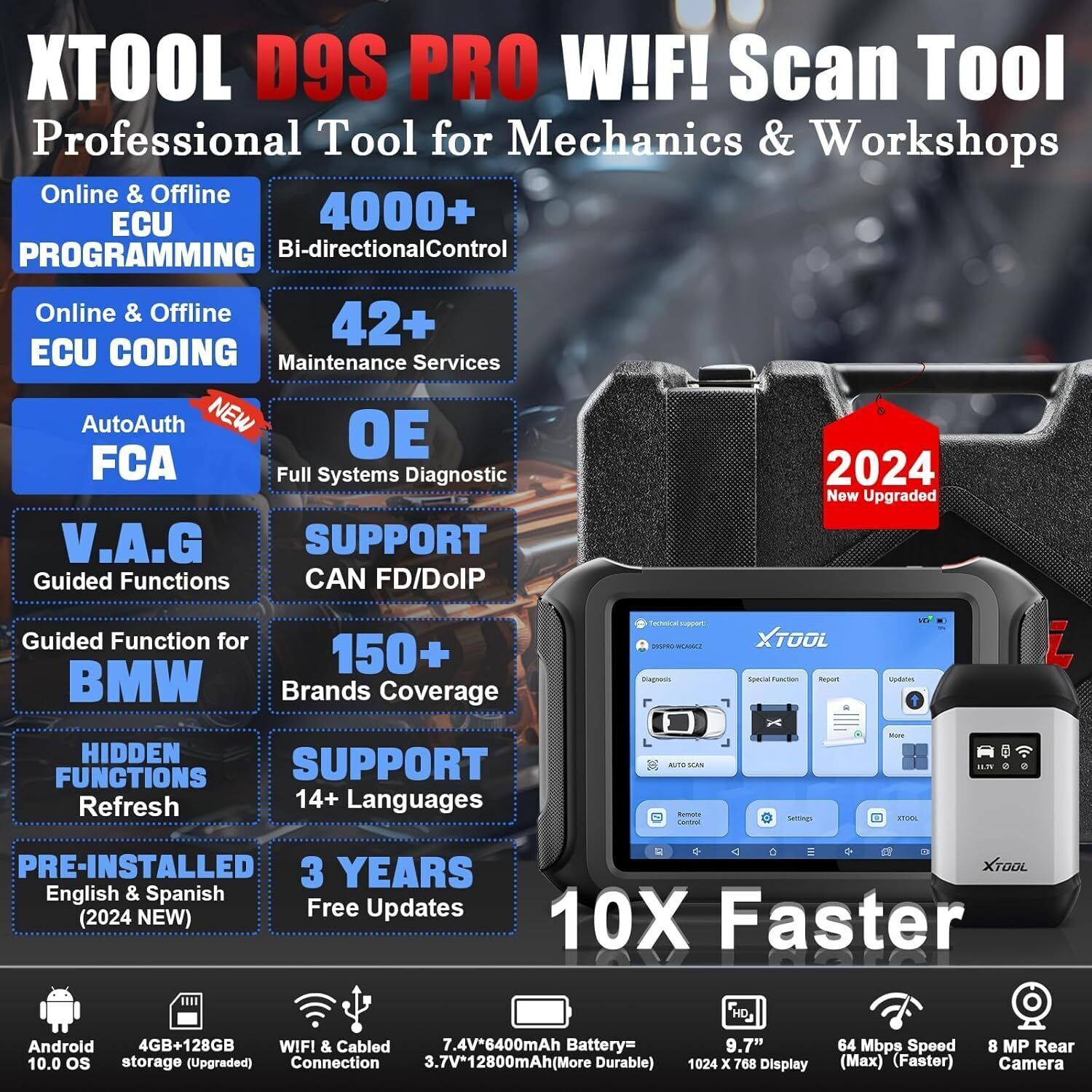 XTOOL D9S PRO Car Diagnostic Scan Tool Bi-Directional & Programming + Endoscope