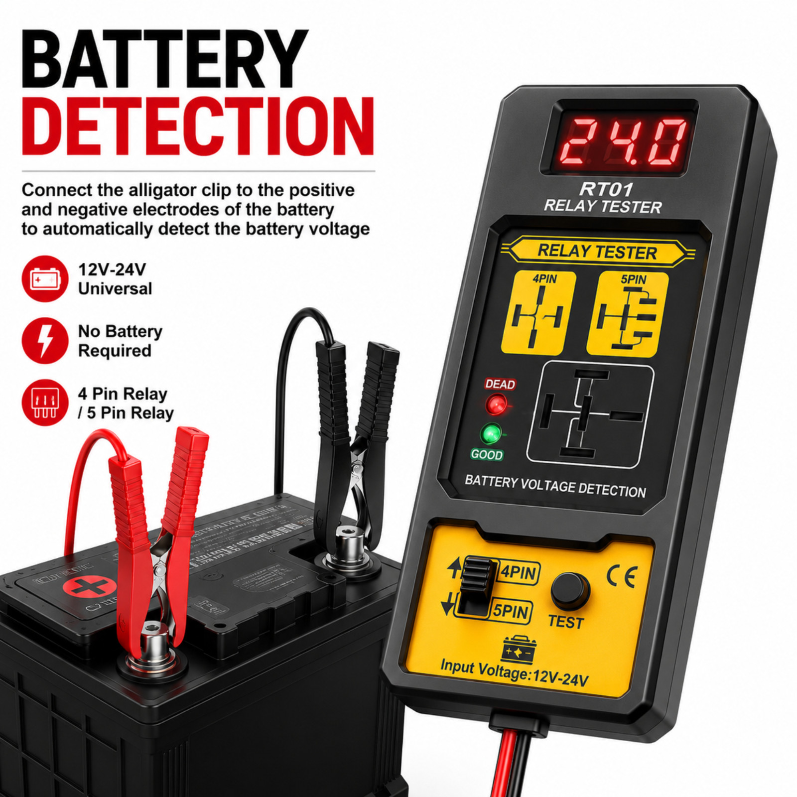 Universal Car Relay Tester 12V 24V Automotive Battery Relay Diagnostic Tool