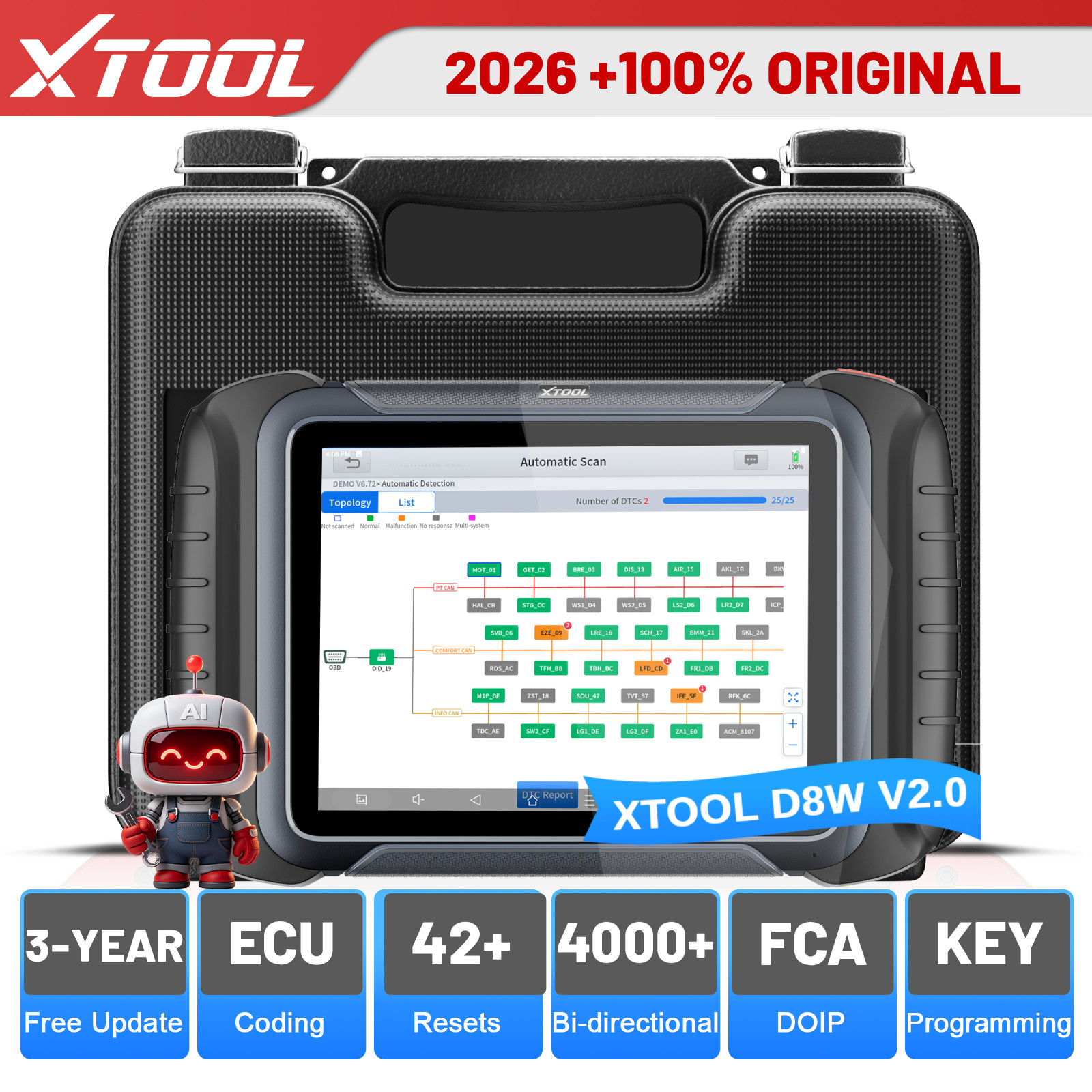 USED XTOOL D8W V2.0 OBD2 Bi-Directional Full System Diagnostic Tool 42+Services