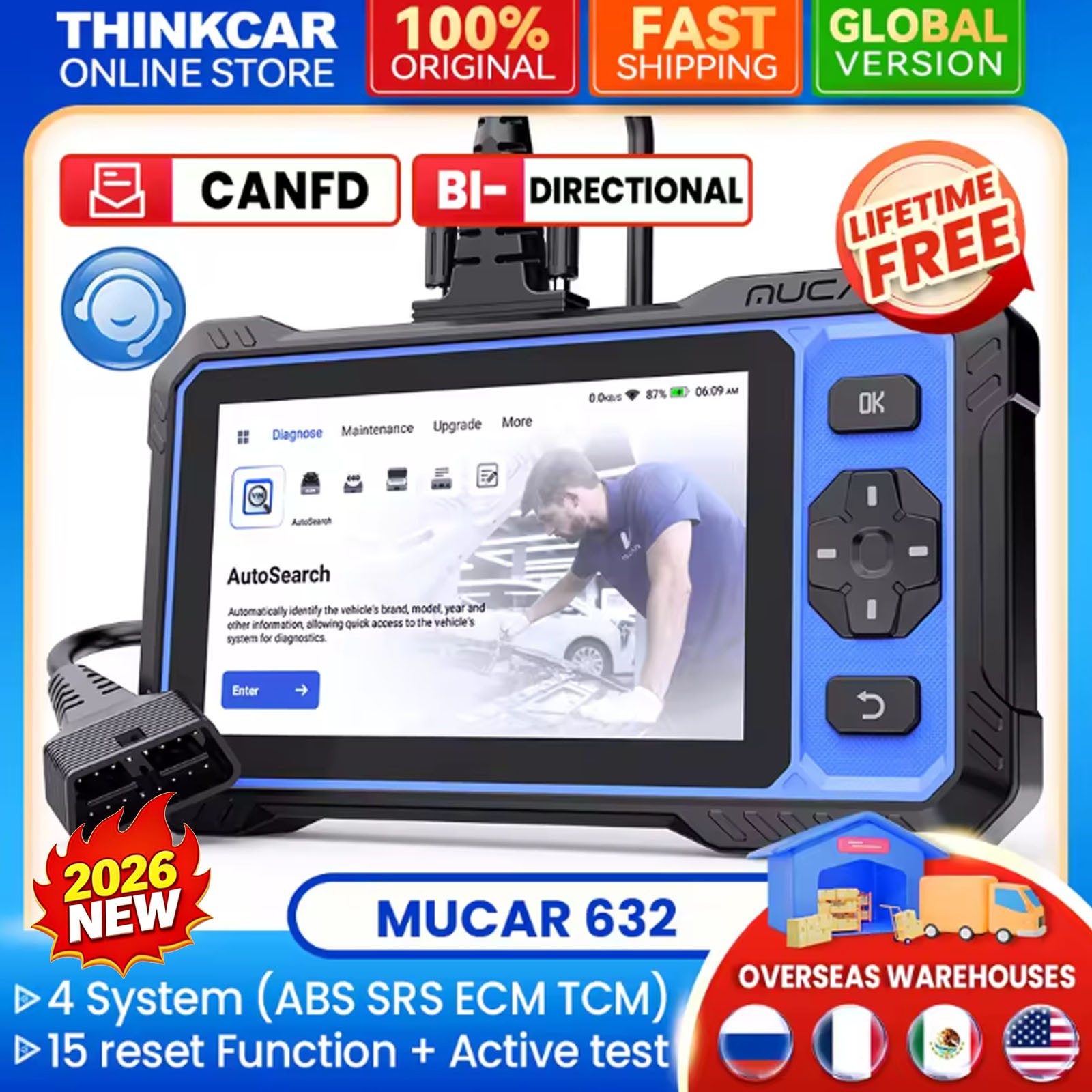 MUCAR 632 AI Bidirectional Tool Oil TPMS EPB BMS SAS Brake 15+Reset Car Scanner