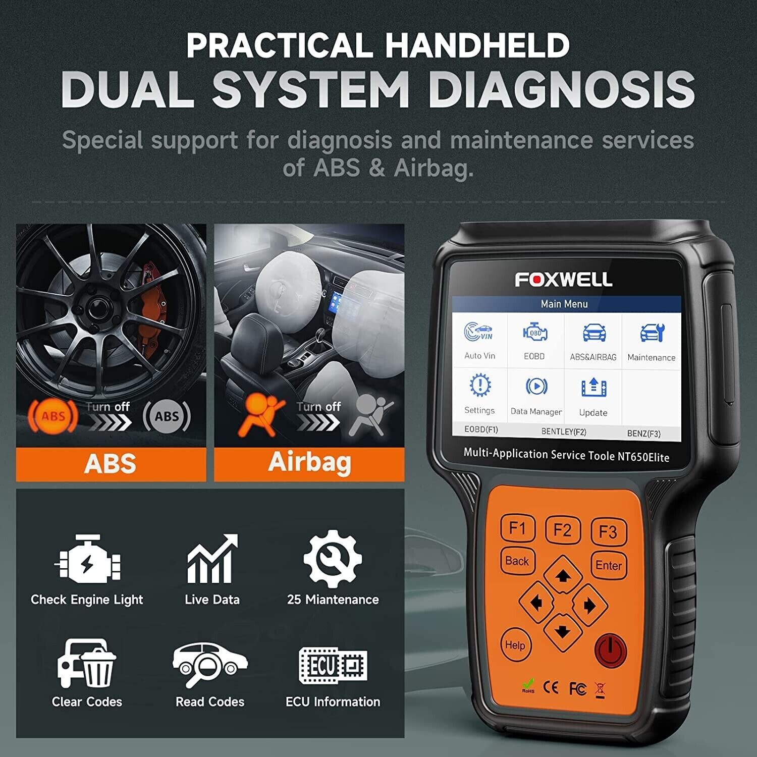 Foxwell NT650 Elite Car OBD2 Diagnostic Scanner ABS SRS TPMS DPF BMS Oil Reset