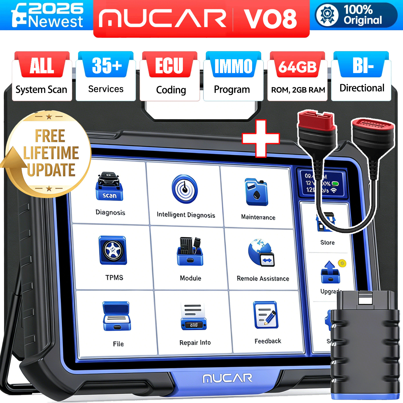 MUCAR VO8 Lifetime FREE Update Scanner All System Diagnose Active Test 35 Resets