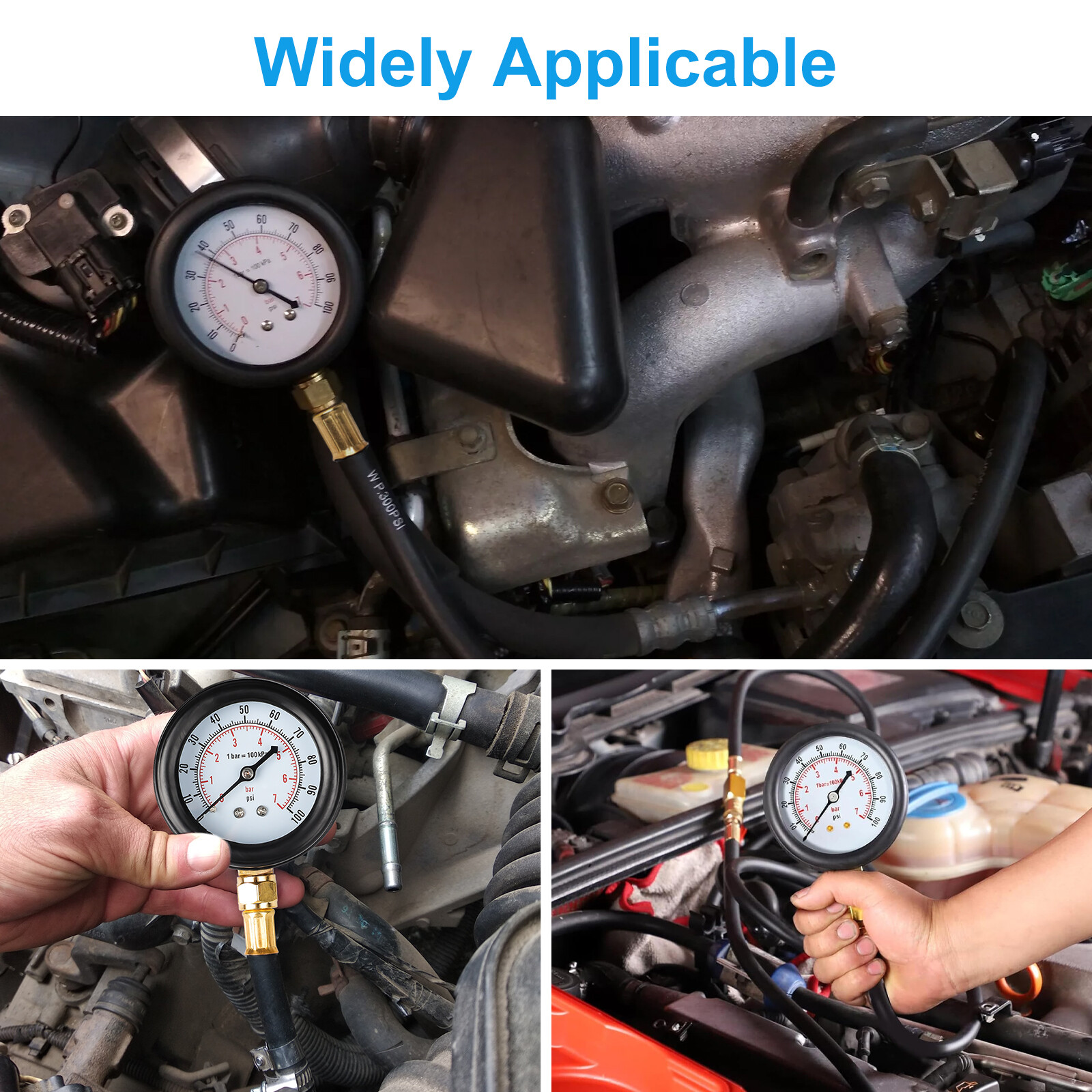 Car Fuel Injection Pressure Tester Gauge Set with 3PCS Quick Connectors 0-100PSI
