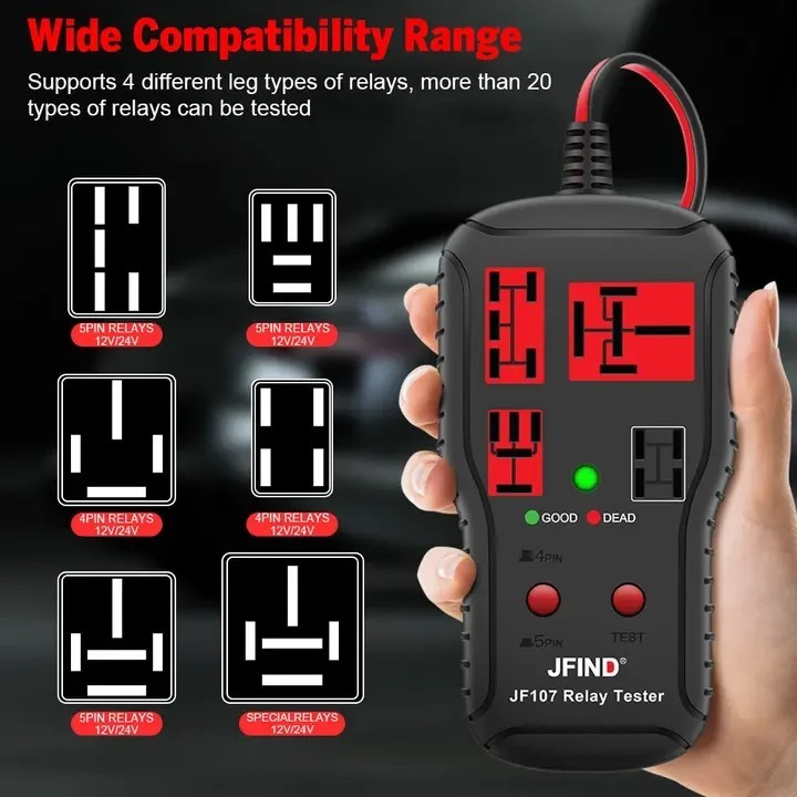 JFIND JF107 Automotive Relay Tester 12V/24V 4 Pin 5 Pin Diagnostic Tool