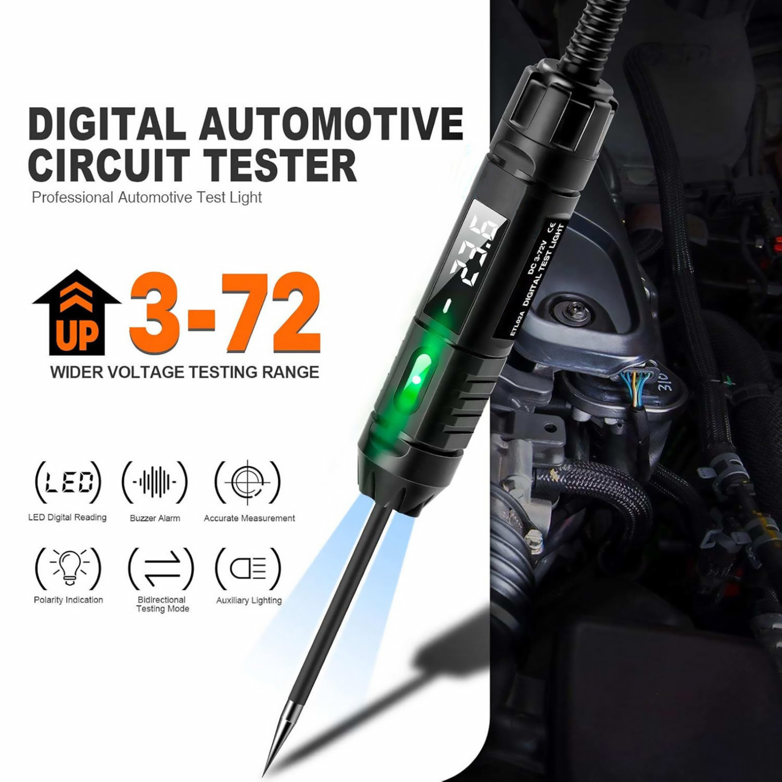 3-72V Auto Circuit Tester with LED Digital Display and Polarity Indicator Light