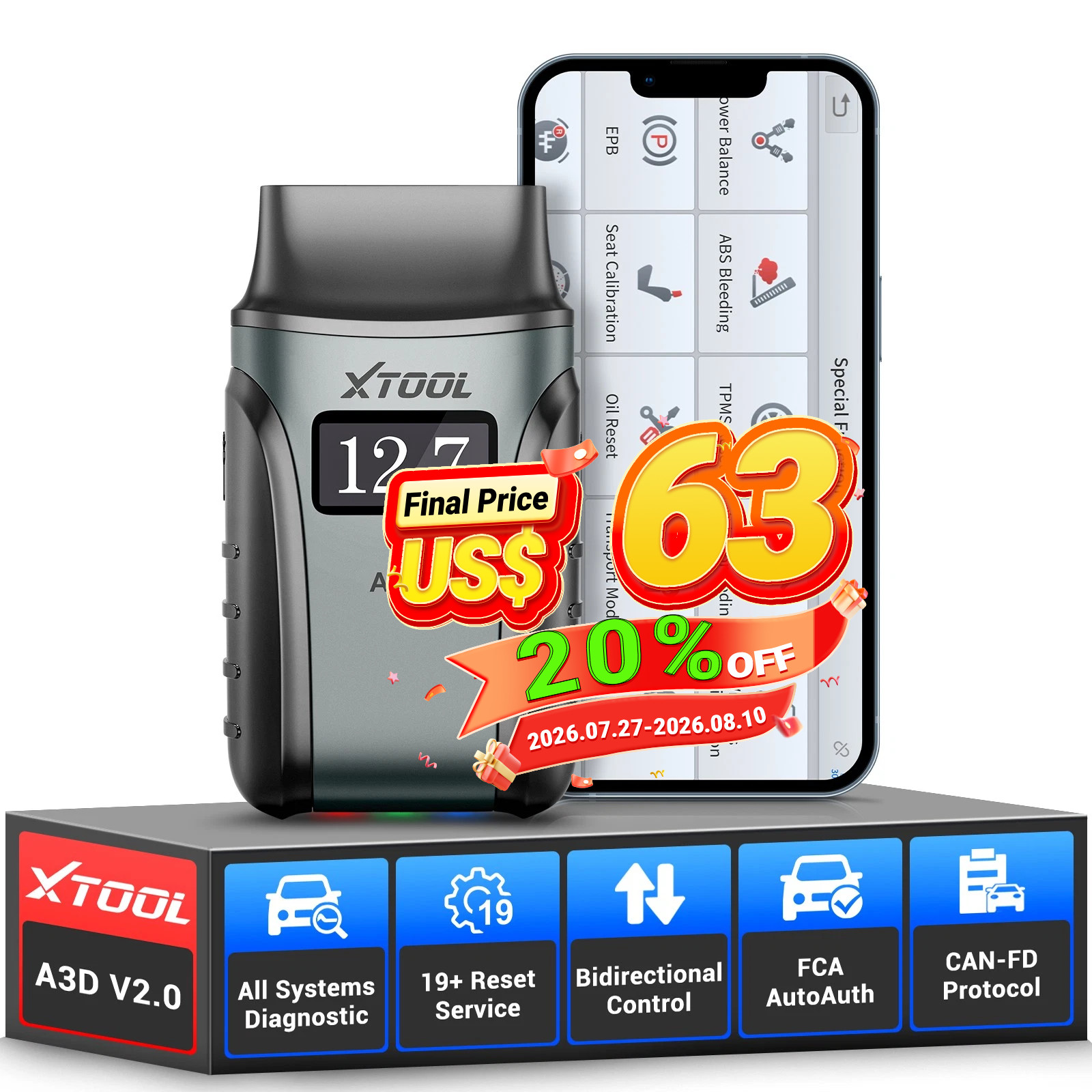 2026 XTOOL A30D V2.0 Auto Car Diagnostic Tool OBD2 Scanner Bidirectional 8 in 1