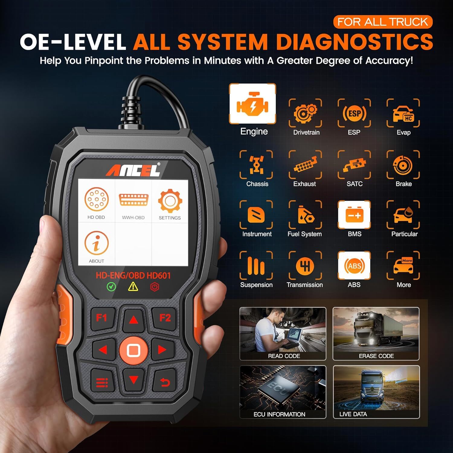ANCEL Heavy Duty Truck Scanner HD601 PRO All System Diesel Diagnostic Scan Tool