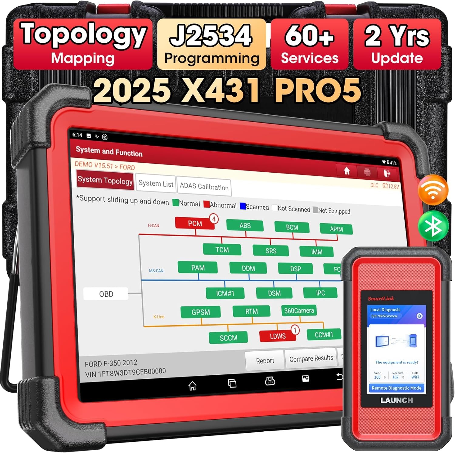 LAUNCH X431 PRO 5 PAD V + Car Diagnostic Scanner J2534 Programming Key Coding BT