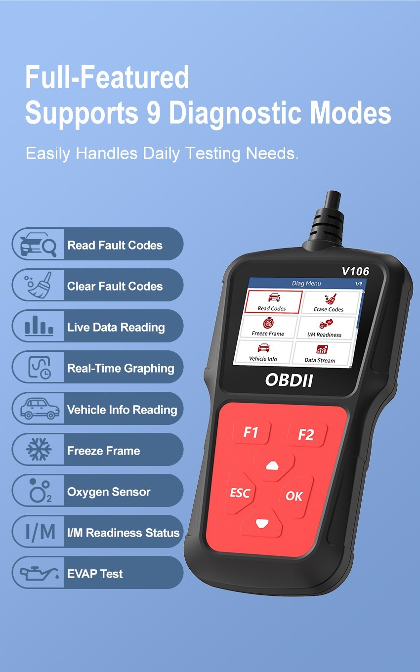 2026 2.4” OBDII Scanner Code Reader I/M Readiness Oxygen Sensor Test EVAP Test