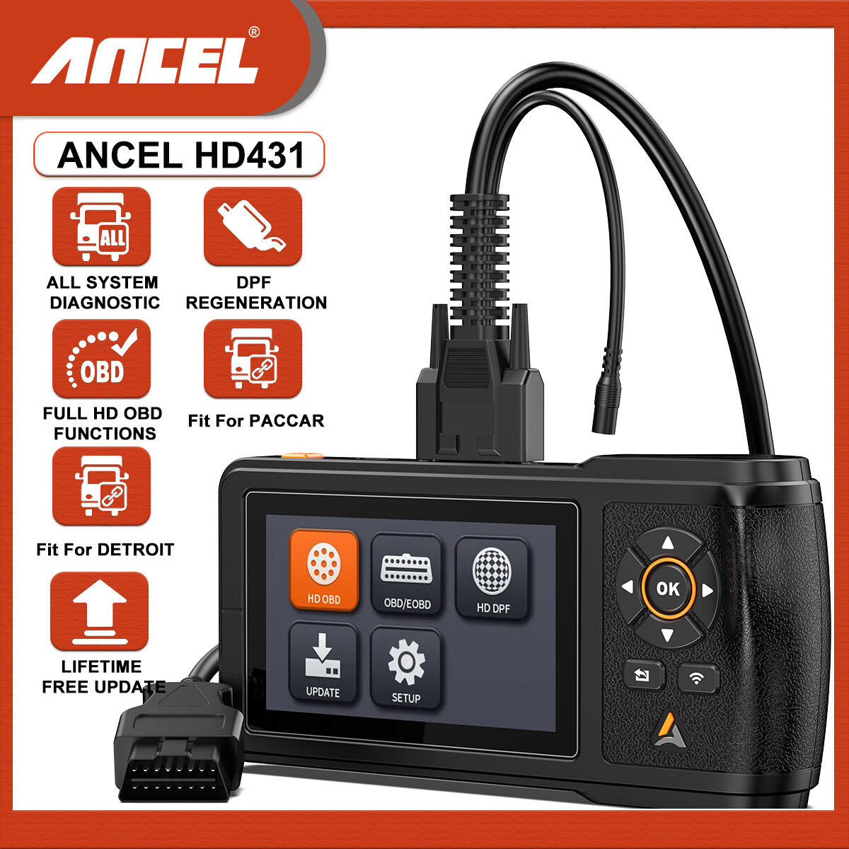 Heavy Duty Truck HD OBD Scanner Diesel Diagnostic DPF Reset For Detroit & Paccar