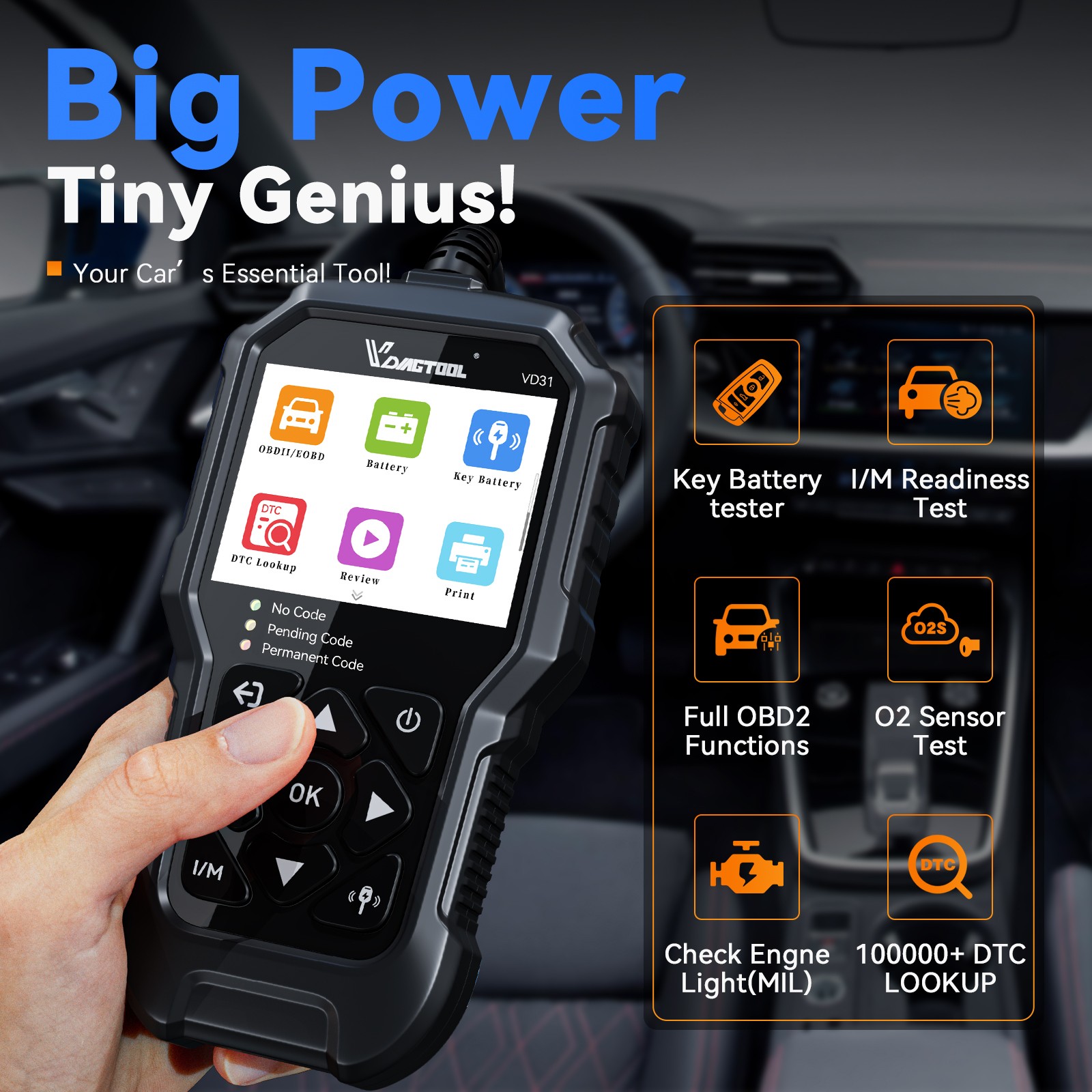 VDIAGTOOL VD31 OBD2 Scanner Car Diagnostic tool Key Battery Tester DTC Lookup US