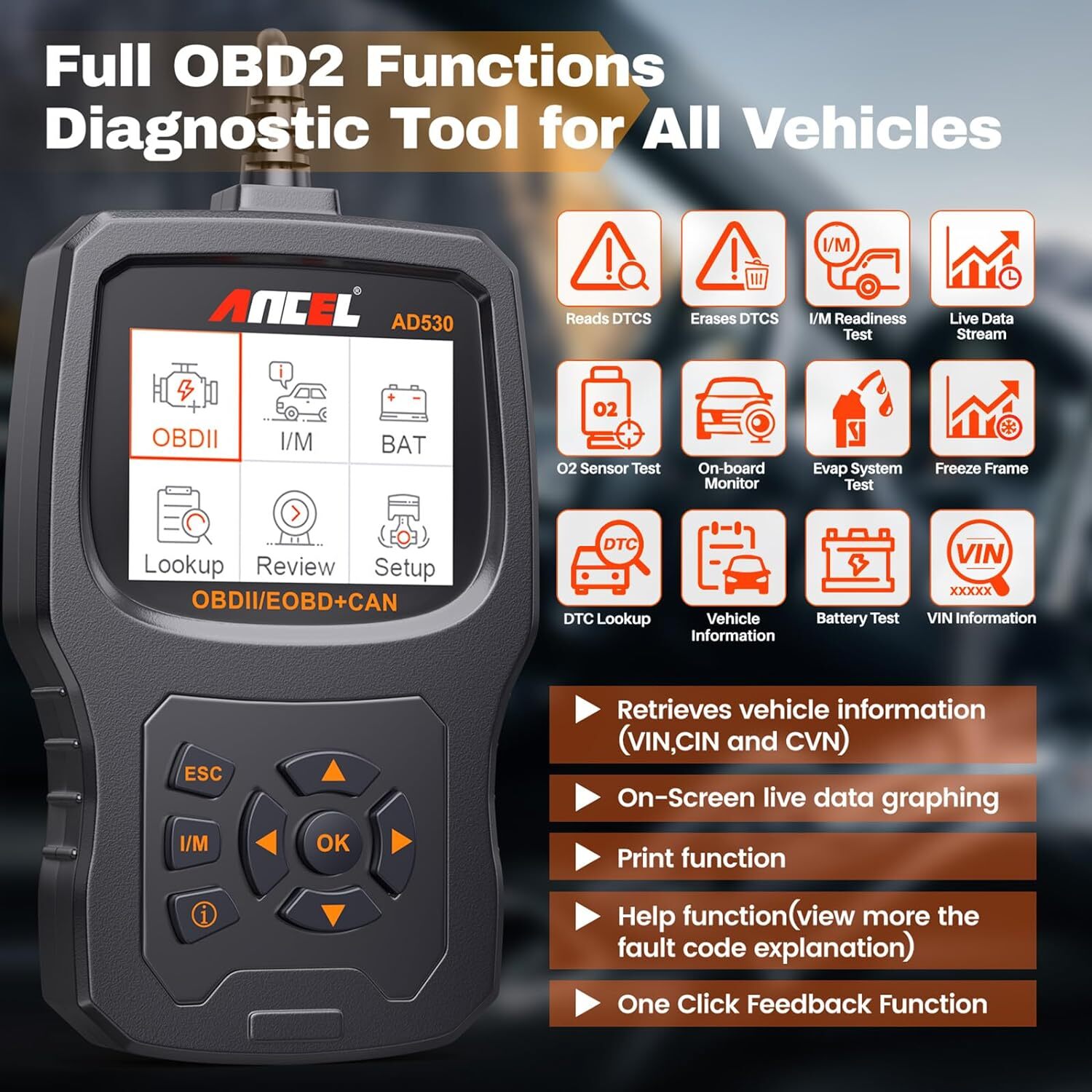 ANCEL AD530 Universal Check Engine OBD2 Scanner with Protective Case Storage Bag