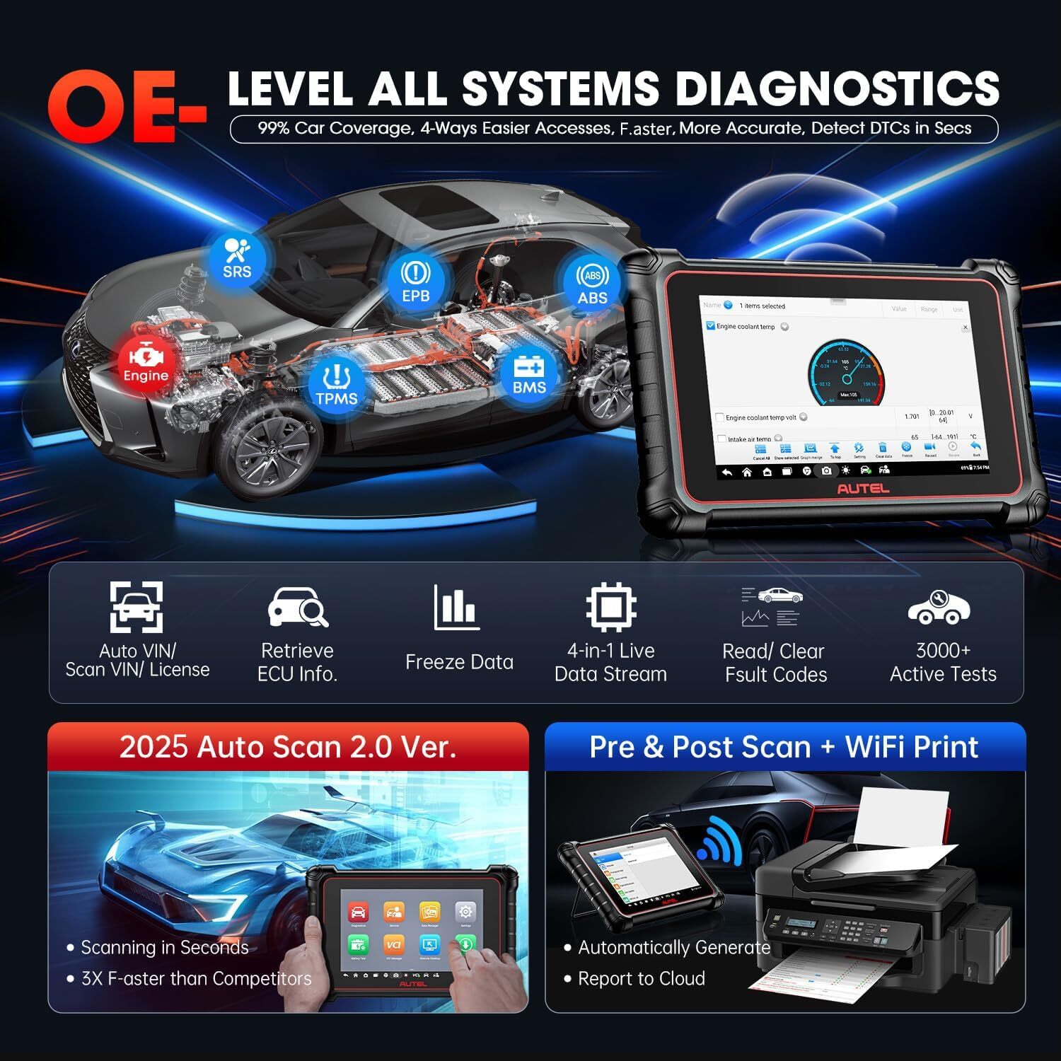 Autel Scanner MaxiCOM MK900BT 2026 8in MK900-BT V2.0 Bidirectional Scan Tool