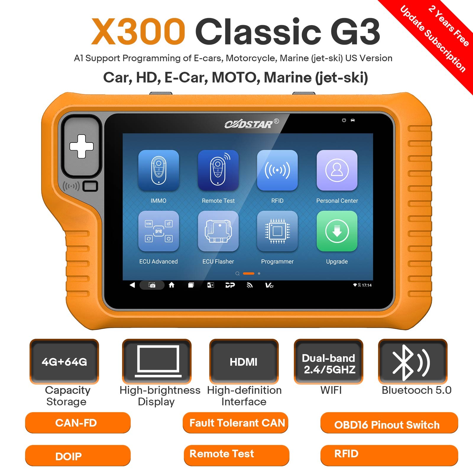 OBDSTAR X300 Classic G3 with Built-in CAN FD DoIP Get Free Key Sim&Motor Adapter