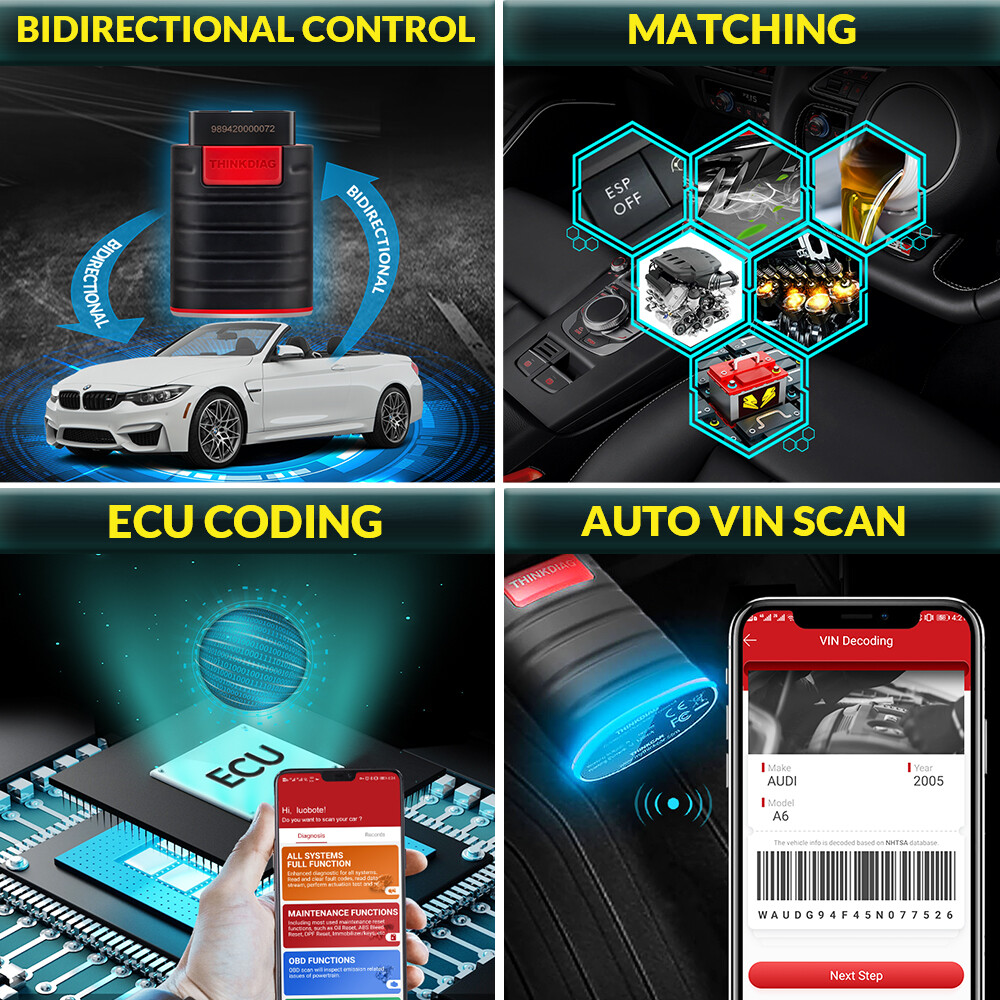 THINKDIAG Bluetooth OBD2 Scanner Auto Bidirectional Diagnostic Tool ECU Coding