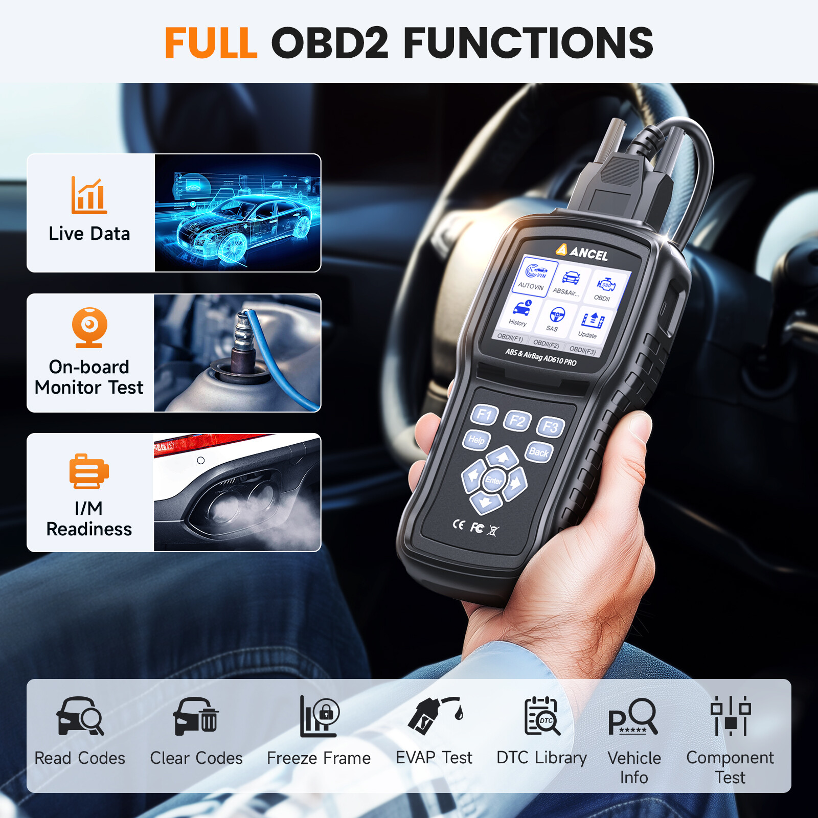 ANCEL AD610 PRO OBD2 Scanner ABS Bleeding SRS SAS Code Reader Diagnostic Tool