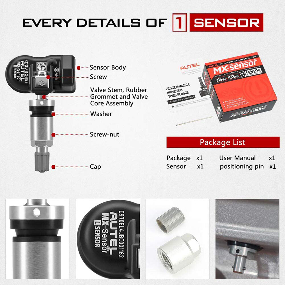 4pcs Autel MX-Sensor 315&433MHz Programmable TPMS Universal Tire Pressure Sensor
